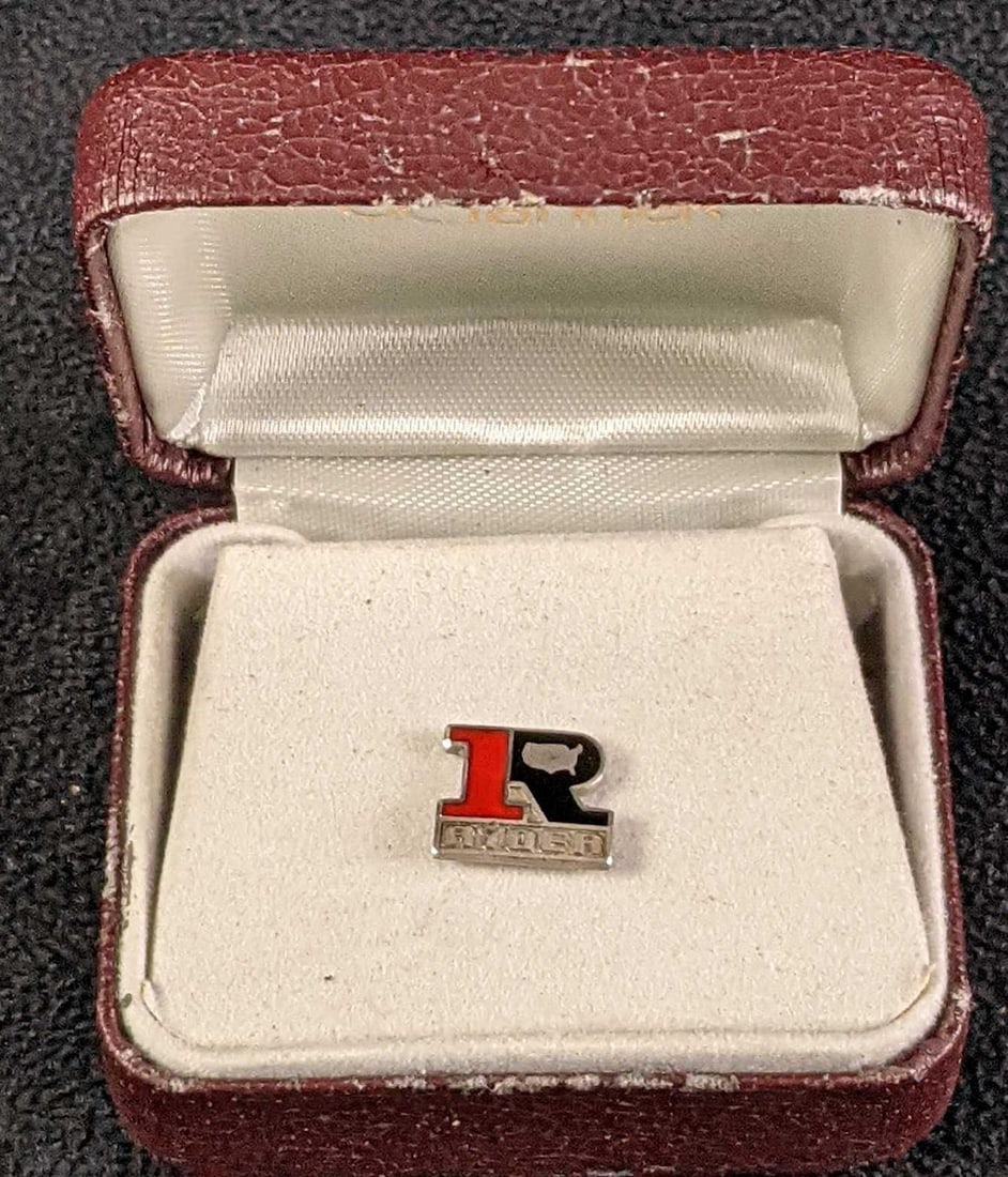 Ryder Sterling Silver .925 Enamel Tie Tack: Ryder Sterling Silver .925 Enamel Lapel Pin Back/Tie Tack. Comes it its own box. The box is approx 2 1/2" x 2" x 2". The pin is approx 1" x 1" x 2" with its chain out and weighs 2.9 grams.