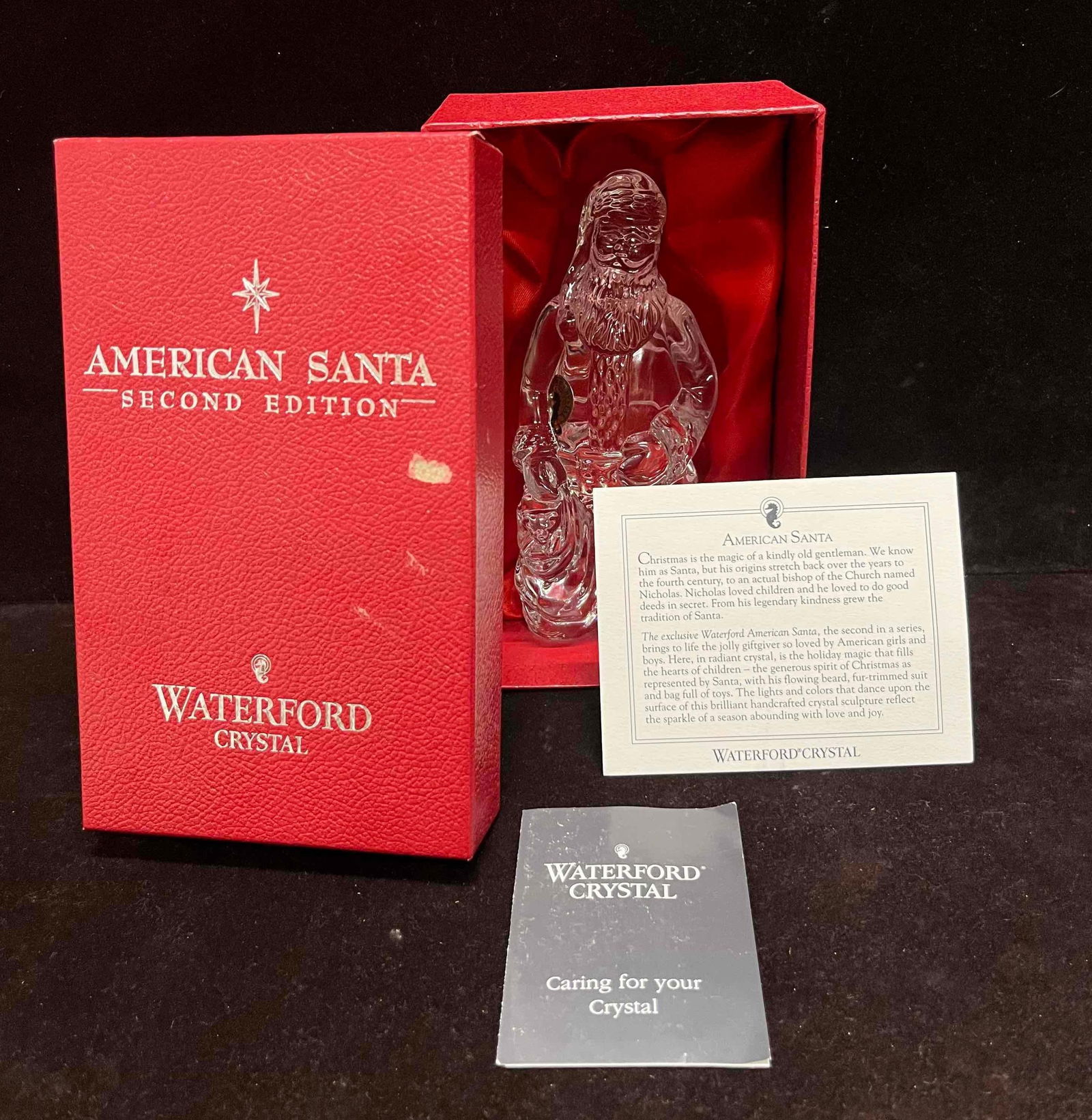 Waterford Crystal American Santa Second Edition In Original Box: This lot contains a Waterford Crystal American Santa Second Edition In Original Box. Overall the Waterford Crystal is in excellent pre owned condition with no noticeable flaws. The original box has
