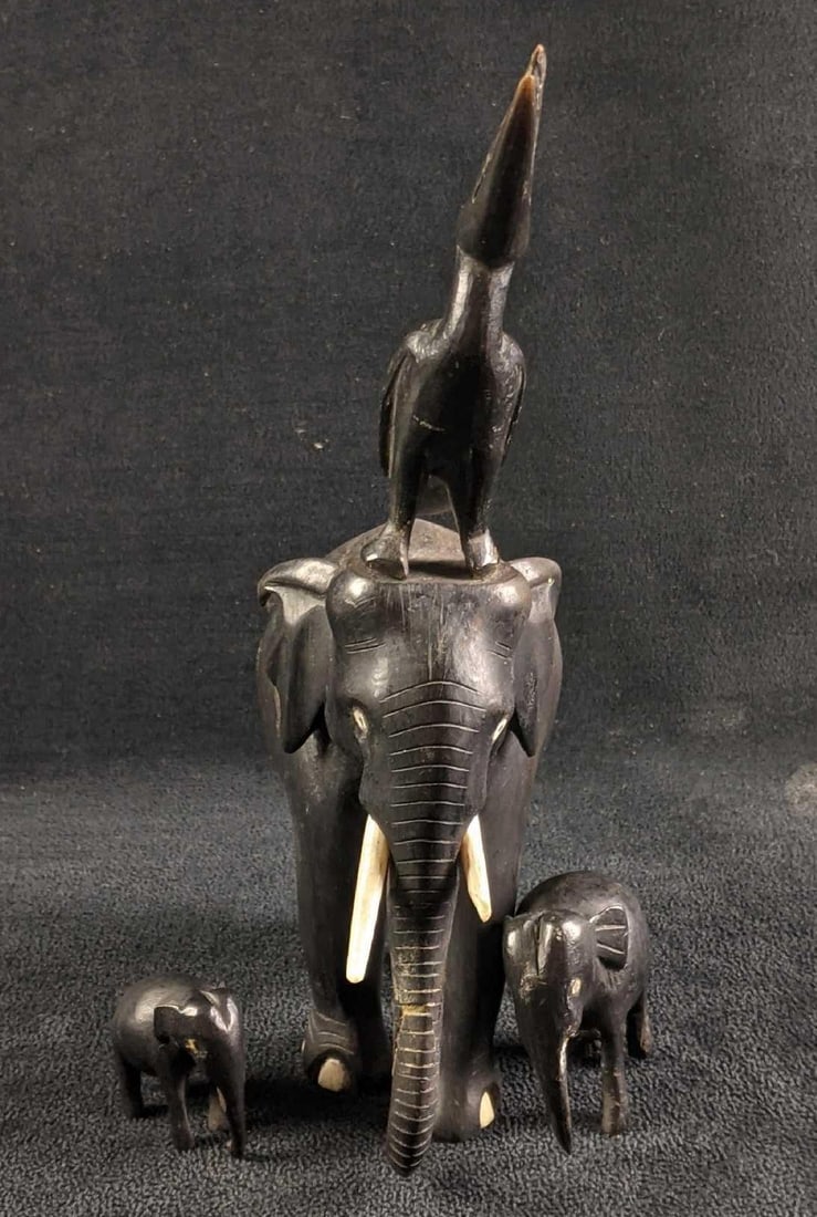Vintage Wood Carved Elephants with Bone Detailing (1 of 13)