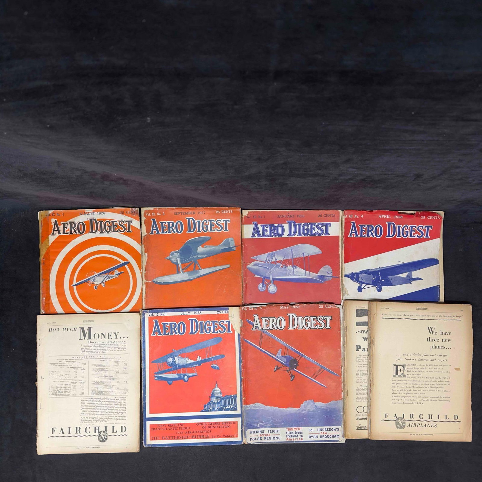 Aero Digest Aviation Magazine 1920's Lot of 9 Nine Magazines Collection Set: Aero Digest Aviation Magazine 1920's Lot of 9 Nine Magazines Collection Set. This Aero Digest magazine collection includes several yearly series 1926, 1927, and 1928 including various monthly