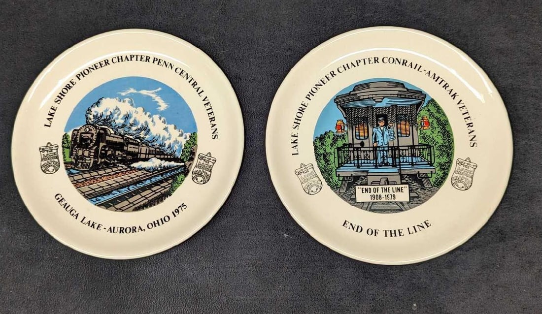 2 Lake Shore Chapter Amtrak & Penn Central Veterans Plates: 2 Lake Shore Chapter Amtrak & Penn Central Veterans Plates. This lot includes: (1) The Lake Shore Chapter - Conrail - Amtrak Veterans - End Of The Line Plate. The ceramic plate is approx 7 1/4