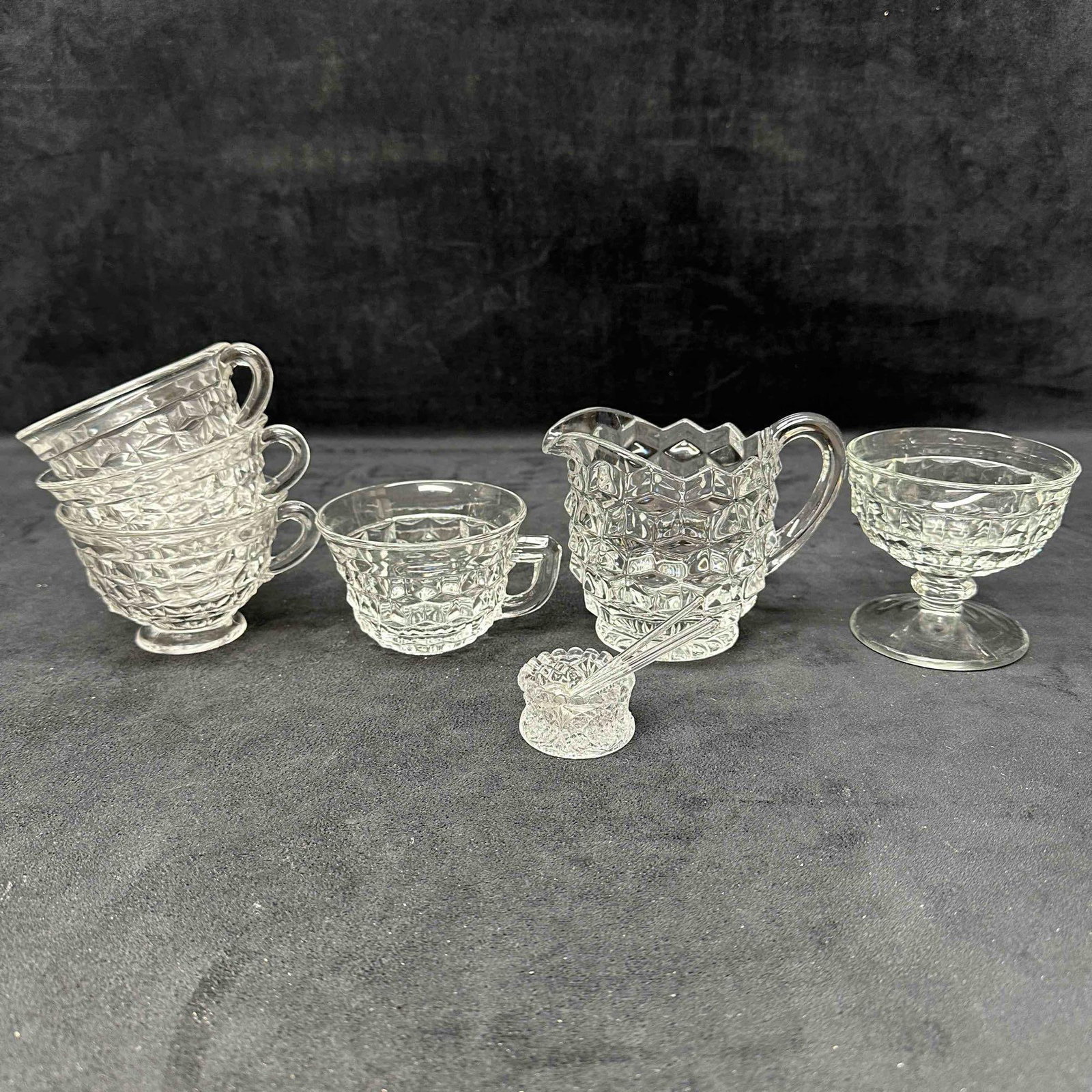 Fostoria American Clear Glass Set Salt Cellar Pitcher Spoons and Cups Lot of Ten (1 of 12)