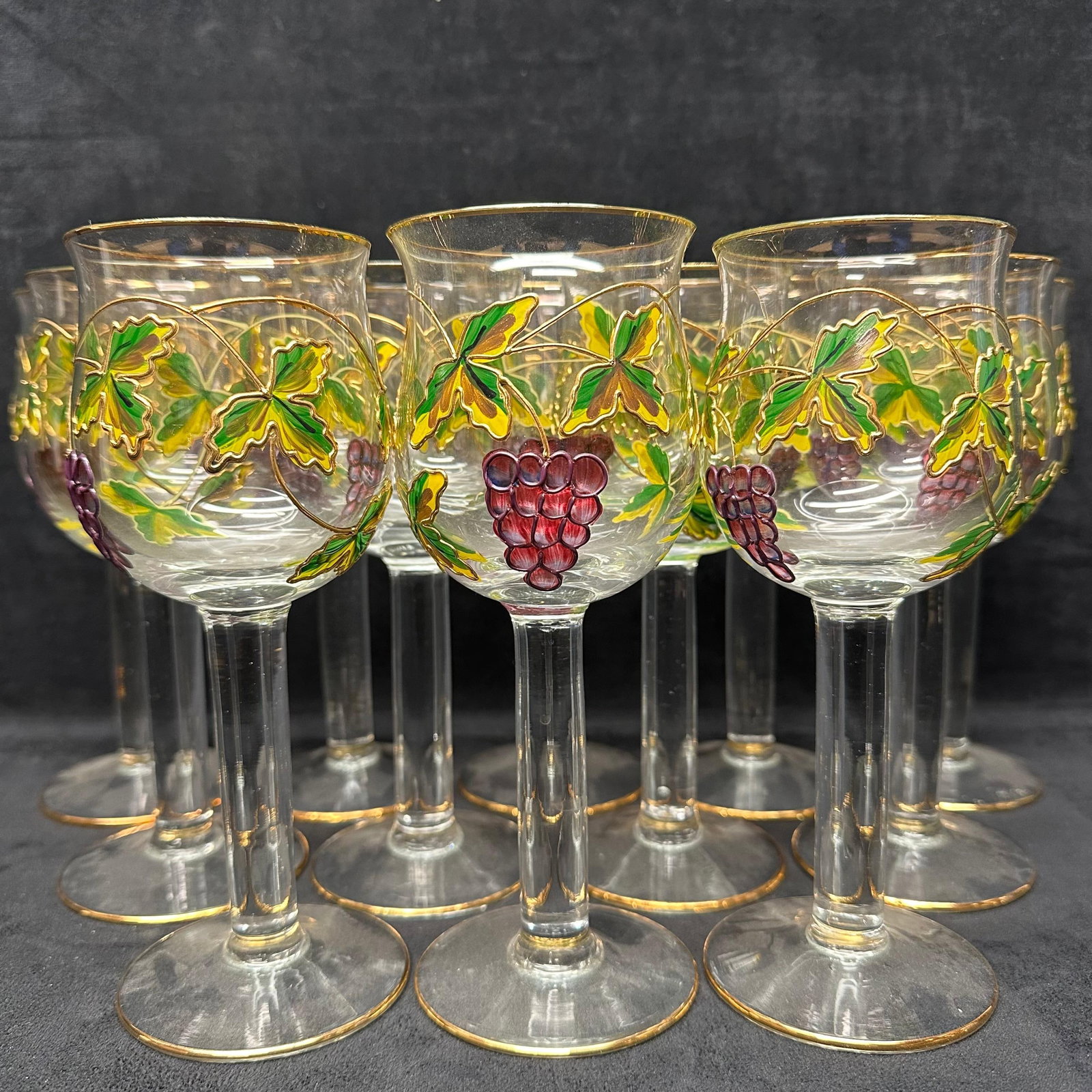 Set of Twelve Hand Painted Grape Motif Wine Glasses with Gold Gilt Accents (1 of 10)