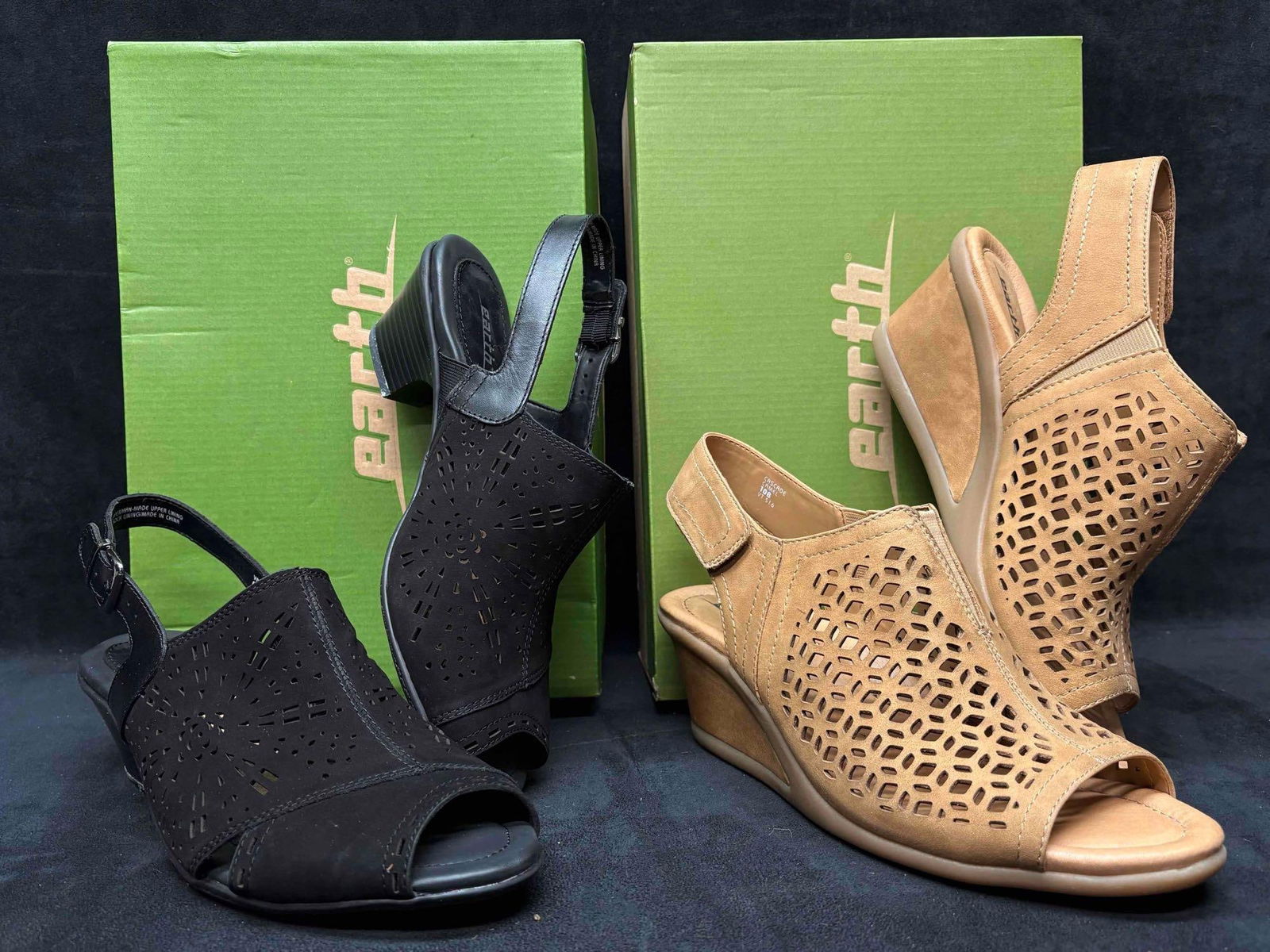 Earth Peep Toe Mid Heel and Wedge Sandals Bundle: Sitting in brand-new to like-new conditions, this bundle consists of orthopedic, comfort-focused Women's shoes. Still in their original boxes, both sandals are in good shape with no visible/notice