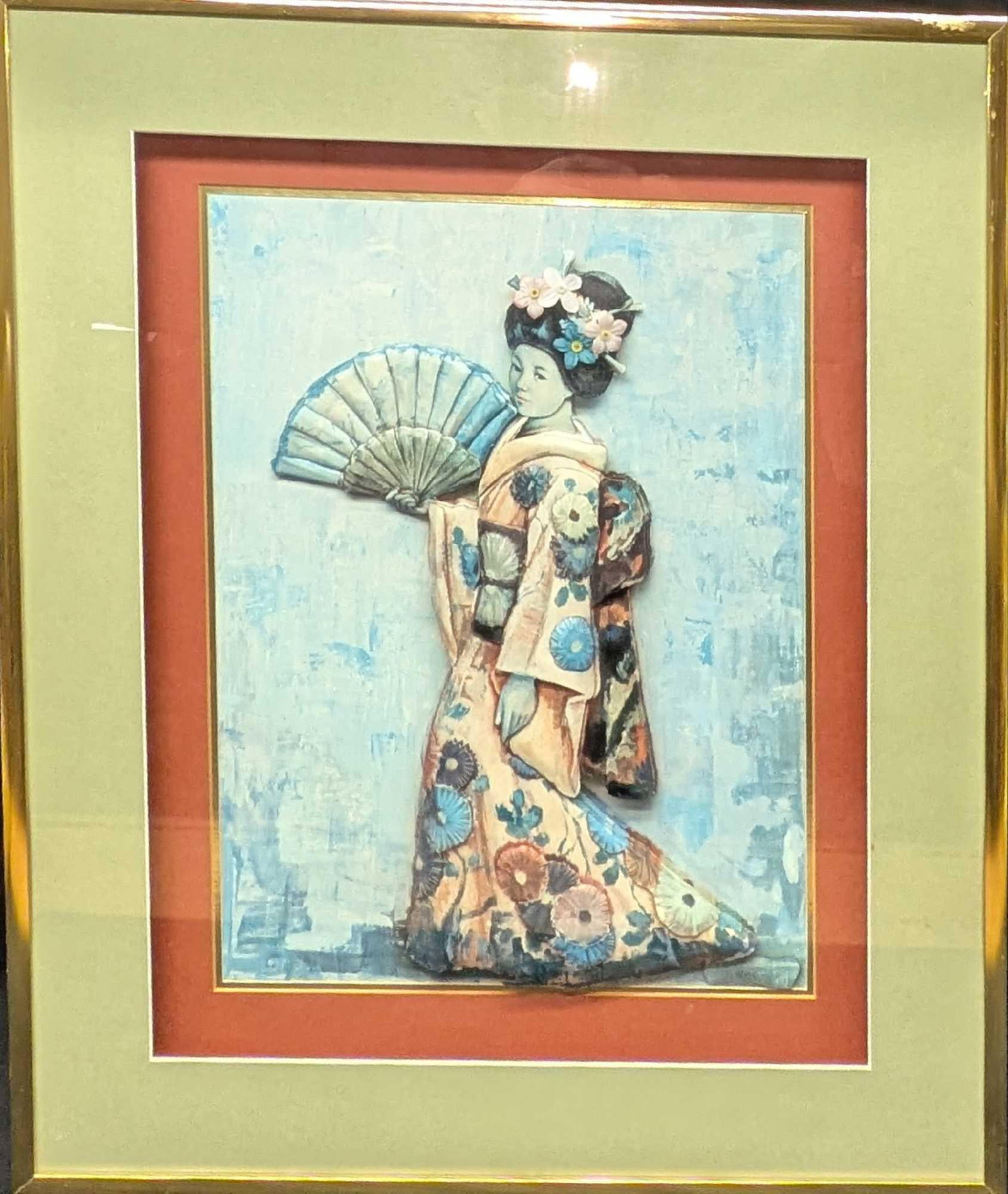 Vintage Framed Joan Pifarre 3D Geisha Girl With Fan R72: Vintage Framed Joan Pifarre 3D Geisha Girl With Fan R72. This is approx 19" x 2" x 22" and it weighs 7.50lbs. It appears the artist's signature was covered up. Please see the images as they are part o