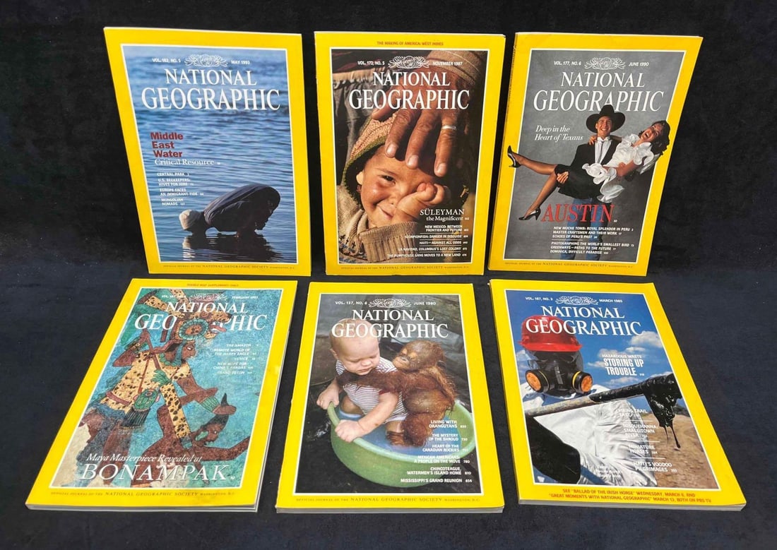 6 Mixed National Geographic Magazines: This lot contains 6 Mixed National Geographic Magazines. (1) February 1995 - The Amazon. (1) May 1993- Middle East Water. (1) June 1990 - Deep In the Heart Of Texas.