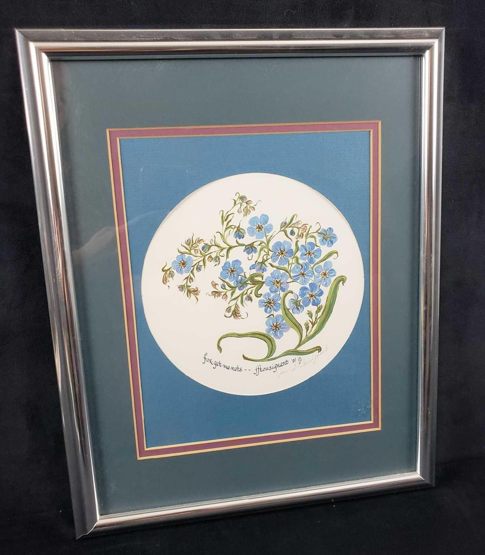 Jean F Tousignant Forget Me Nots 1991 Signed Framed Print: Jean F Tousignant Forget Me Nots 1991 Signed Framed Print. This framed print is in great used condition. The print and matte have no known signs of damage. The print has a silver metal frame and is tr