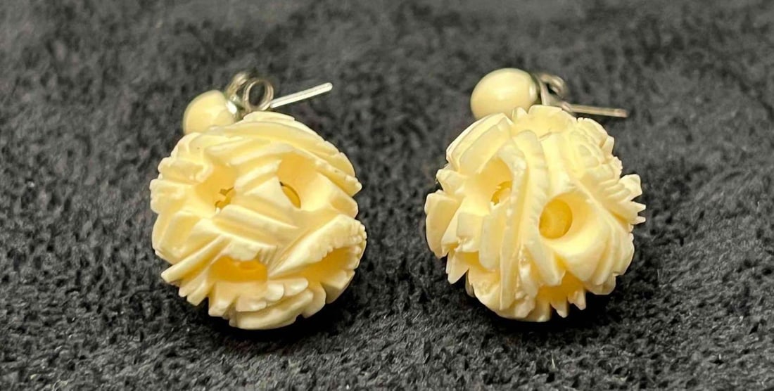 Hand Carved Bone Circle Balls Dangle Earrings - 3