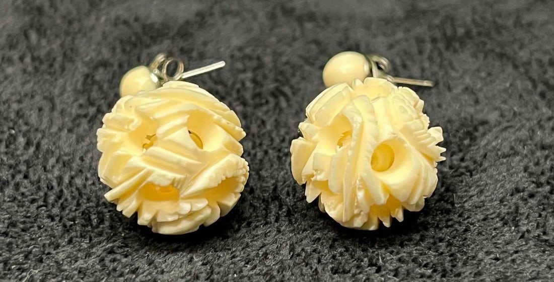 Hand Carved Bone Circle Balls Dangle Earrings - 5