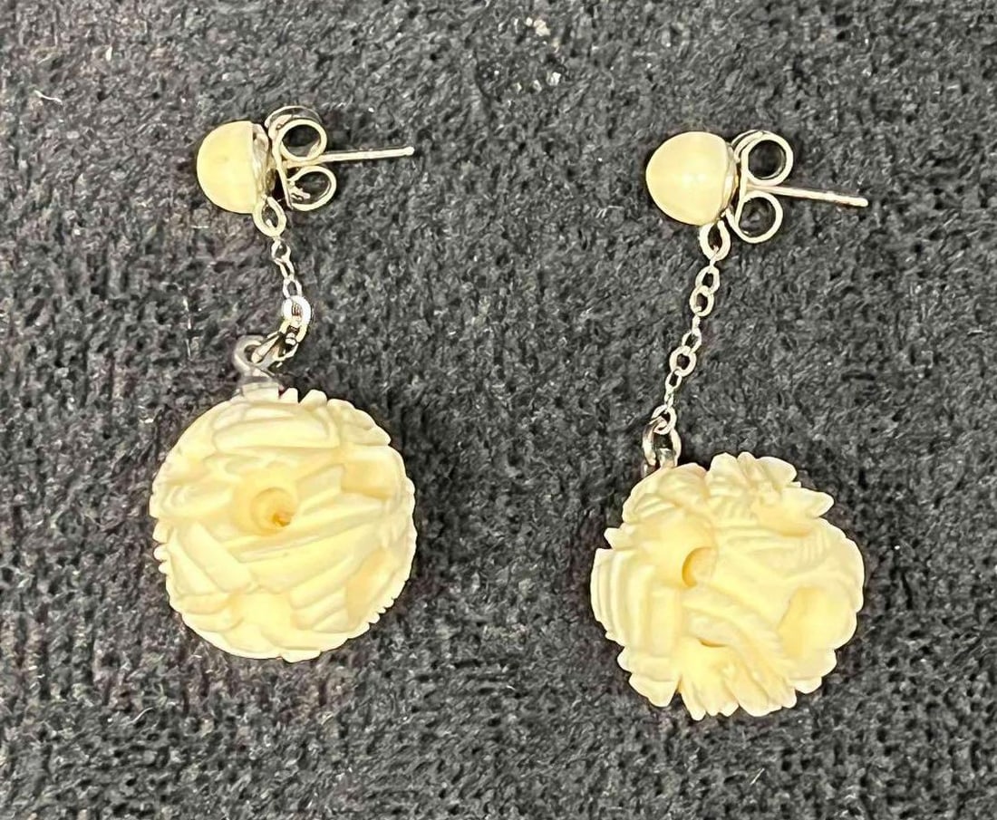 Hand Carved Bone Circle Balls Dangle Earrings - 6