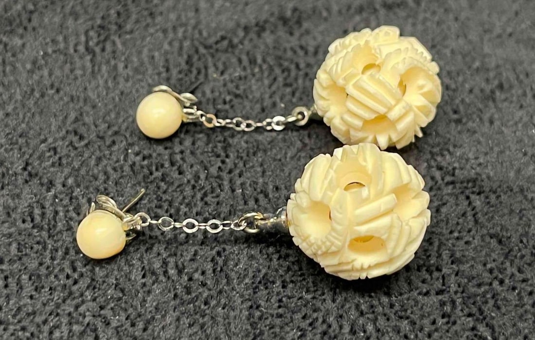 Hand Carved Bone Circle Balls Dangle Earrings - 7