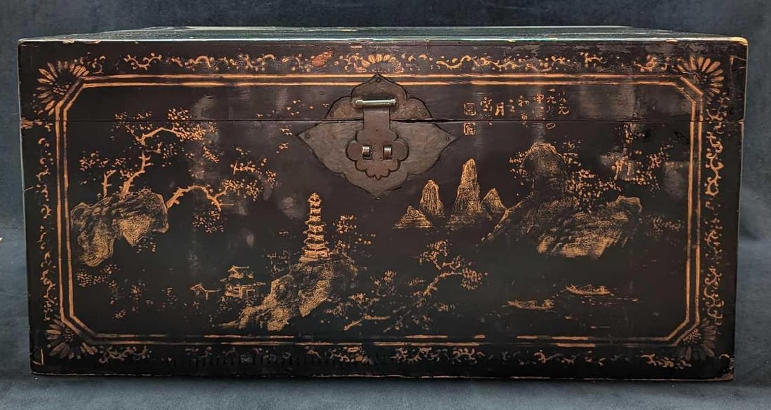 Vintage Asian Style Design Wooden Chest: Vintage Asian Style Design Wooden Chest. The maker and date of creation are unknown. The front of the chest has a nice (but faded) hand-painted image of mountains, trees, and a pagoda temple. This