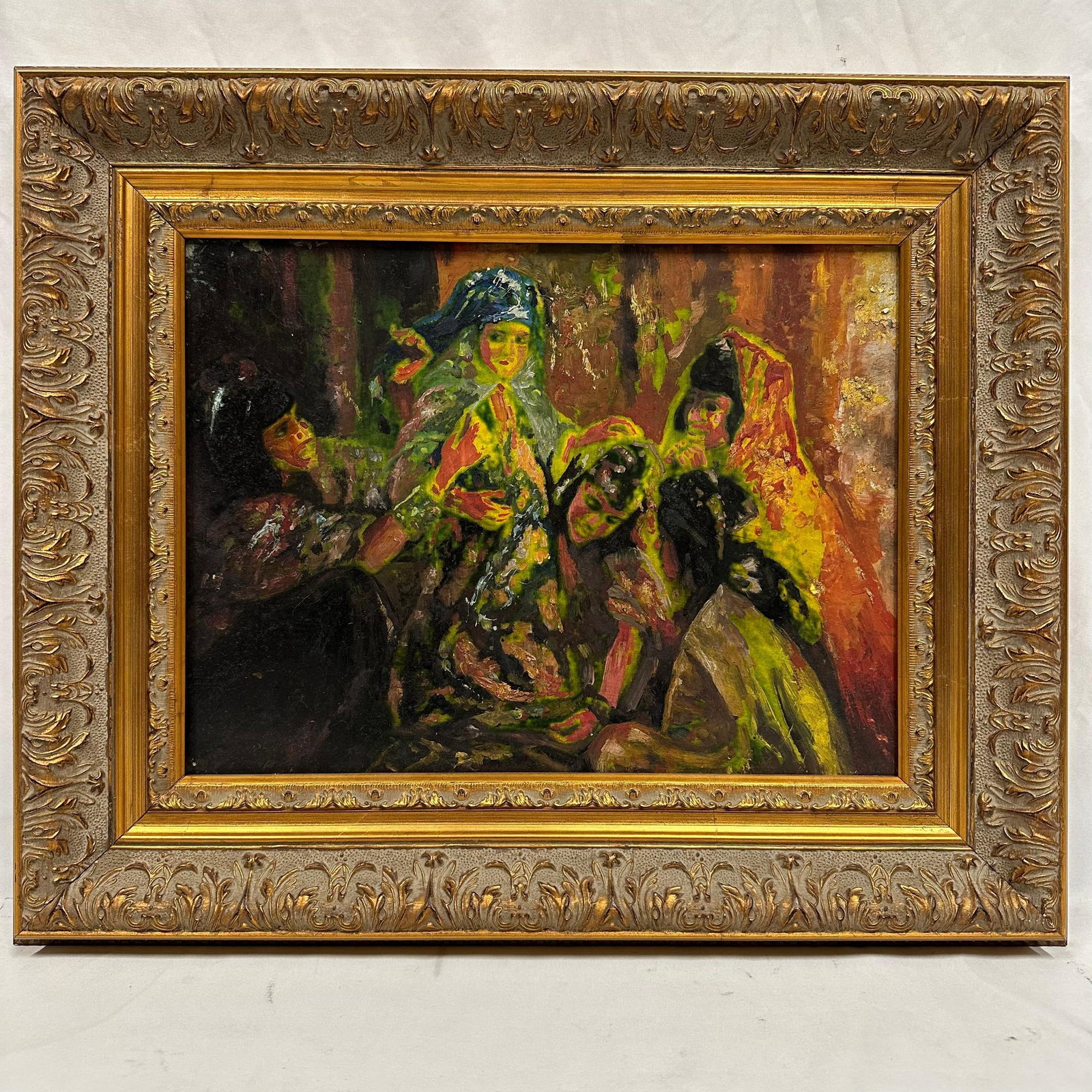 Framed Expressionist Oil Painting of Figures Artist Unknown: Original oil painting depicting a group of figures rendered in an expressive, bold color palette with strong brushwork and dramatic contrast. The composition features four figures in an interior or wo