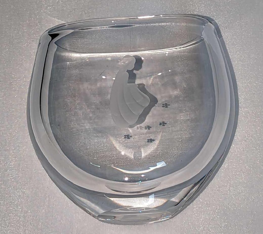 Orrefors Swedish Crystal Vase Girl With Flowers: Orrefors Swedish Crystal Vase Girl With Flowers. This vase was designed by Sven Palmqvist in 1957, and copper-wheel engraved. The vase is approx 5" x 2 1/2" x 5" and it weighs 1.94lb. The vase has som