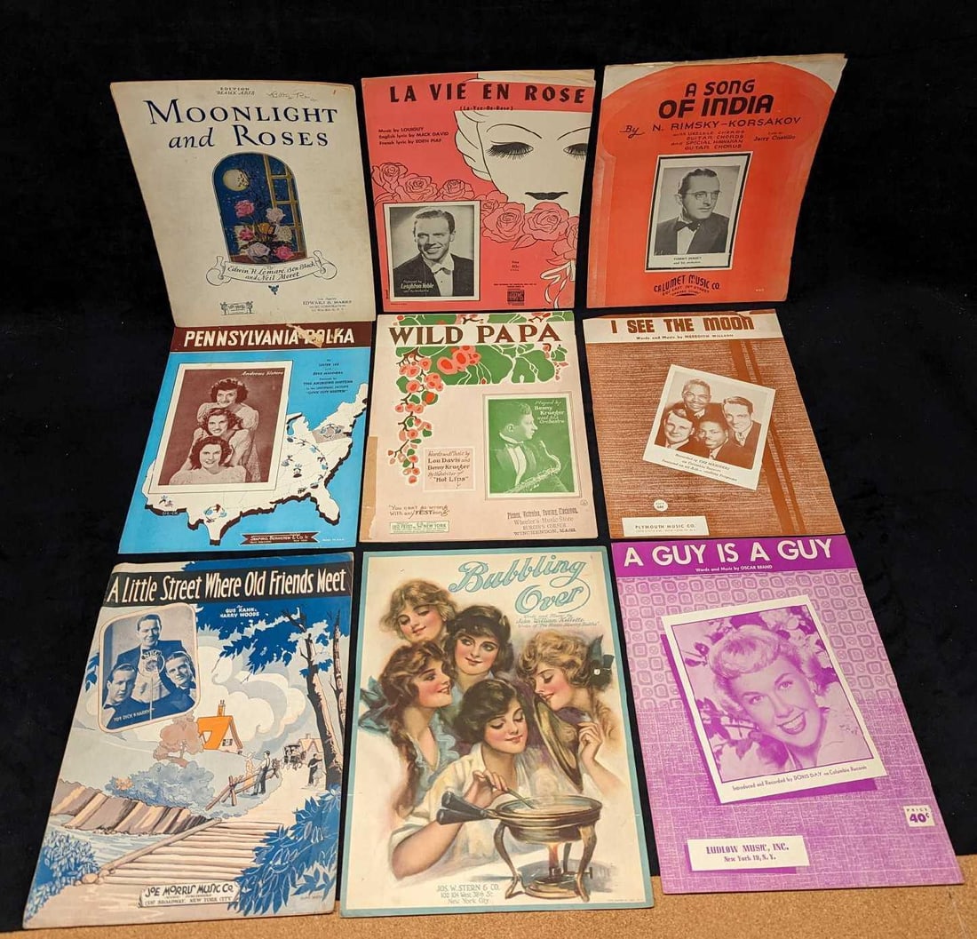 9 Classic Sheet Music Bubbling Over Wild Papa: 9 Classic Sheet Music Bubbling Over Wild Papa. This lot includes: (1) A Little Street Where Old Friends Meet. This was copyrighted in 1932.(1) Bubbling Over. This was copyrighted in 1919.(1) A Guy Is
