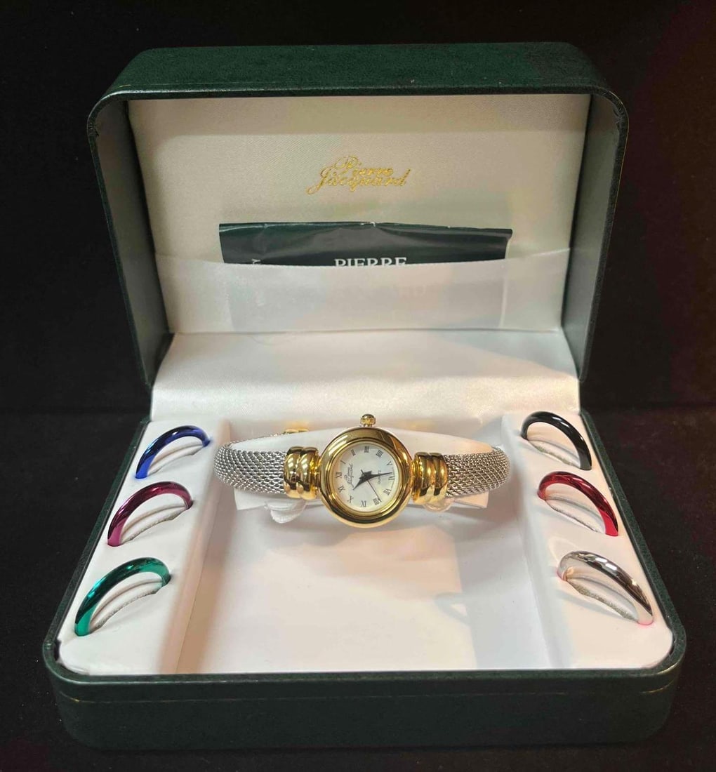 Pierre Jacquard Stainless Steel Interchangeable Women’s Watch (2): This lot contains a Pierre Jacquard Stainless Steel Interchangeable Women’s Watch (2). Watch is one size fits most. Box is approx 5 1/4" x 3 3/4" x 2 1/4" and the total weight is approx 0.4lbs.