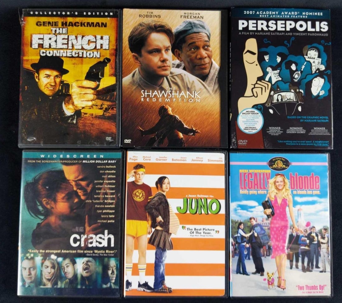 Six DVDs Classics Comedies Juno Crash Shawshank: This lot includes Widescreen DVDs: (1) The Shawshank Redemption (1) The French Connection: Collector's Edition (2 Disc) (1) Persepolis. (1) Crash. (1) Juno. (1) Legally Blonde. Boxes