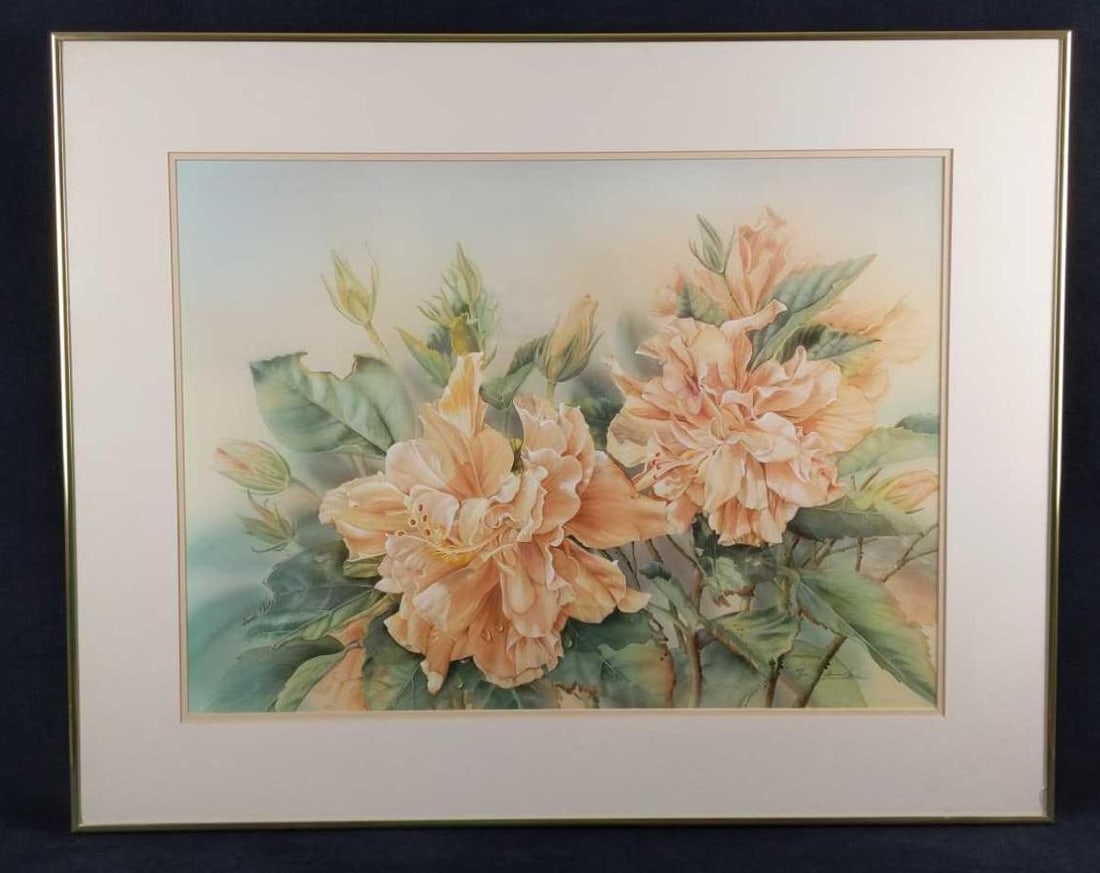 Framed Limited Editon Signed Floral Print Anna Chen: Limited edition floral print by Anna Chen. This one is #47 out of #100. The print is hand-signed and numbered by the artist on the bottom right side of the print. Framed print is approx 32" x 1