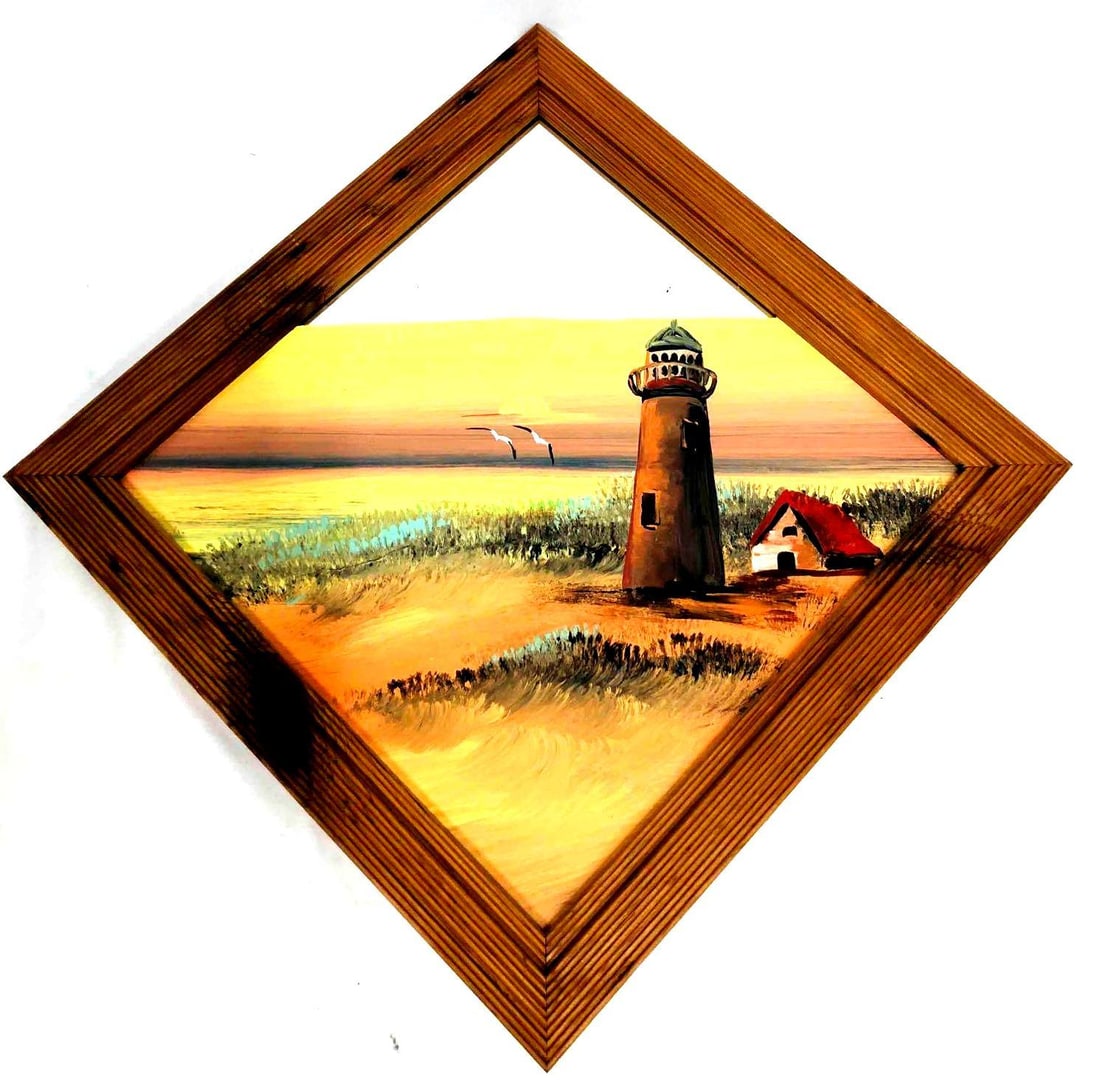 Original Acrylic Lighthouse Painting On Mirror: This lot contains an Original Acrylic Lighthouse Painting On Mirror. It is approx 14 3/4" x 14 3/4" and it weighs about 1.8lbs. Overall the painting is in good used condition with some