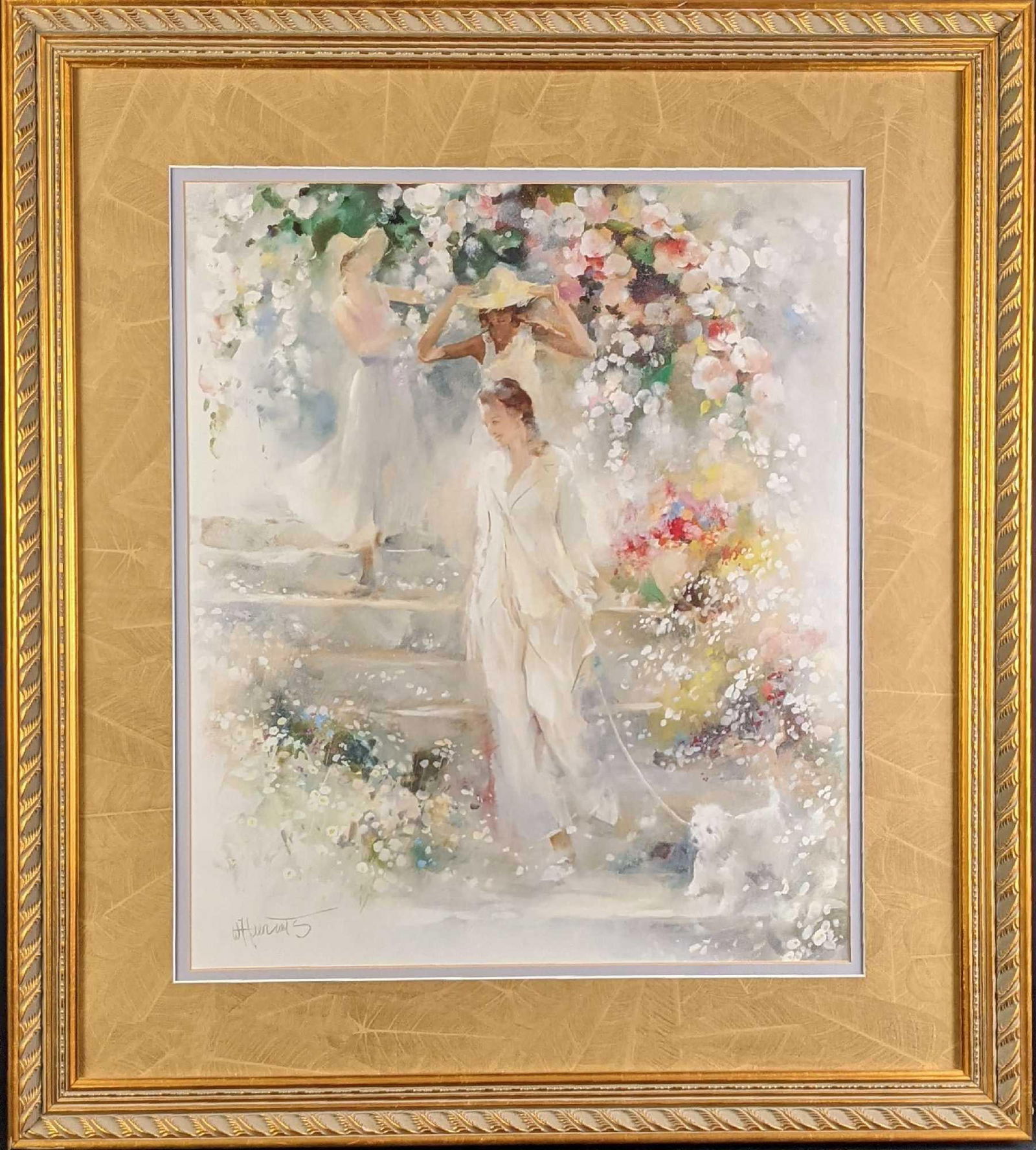 Framed Willem Haenraets Three Ladies And A Dog: Framed print by Willem Haenraets, shows three ladies and a dog as they make their way through a garden. The signature on the bottom left is part of the print. The framed print is approx 29" x