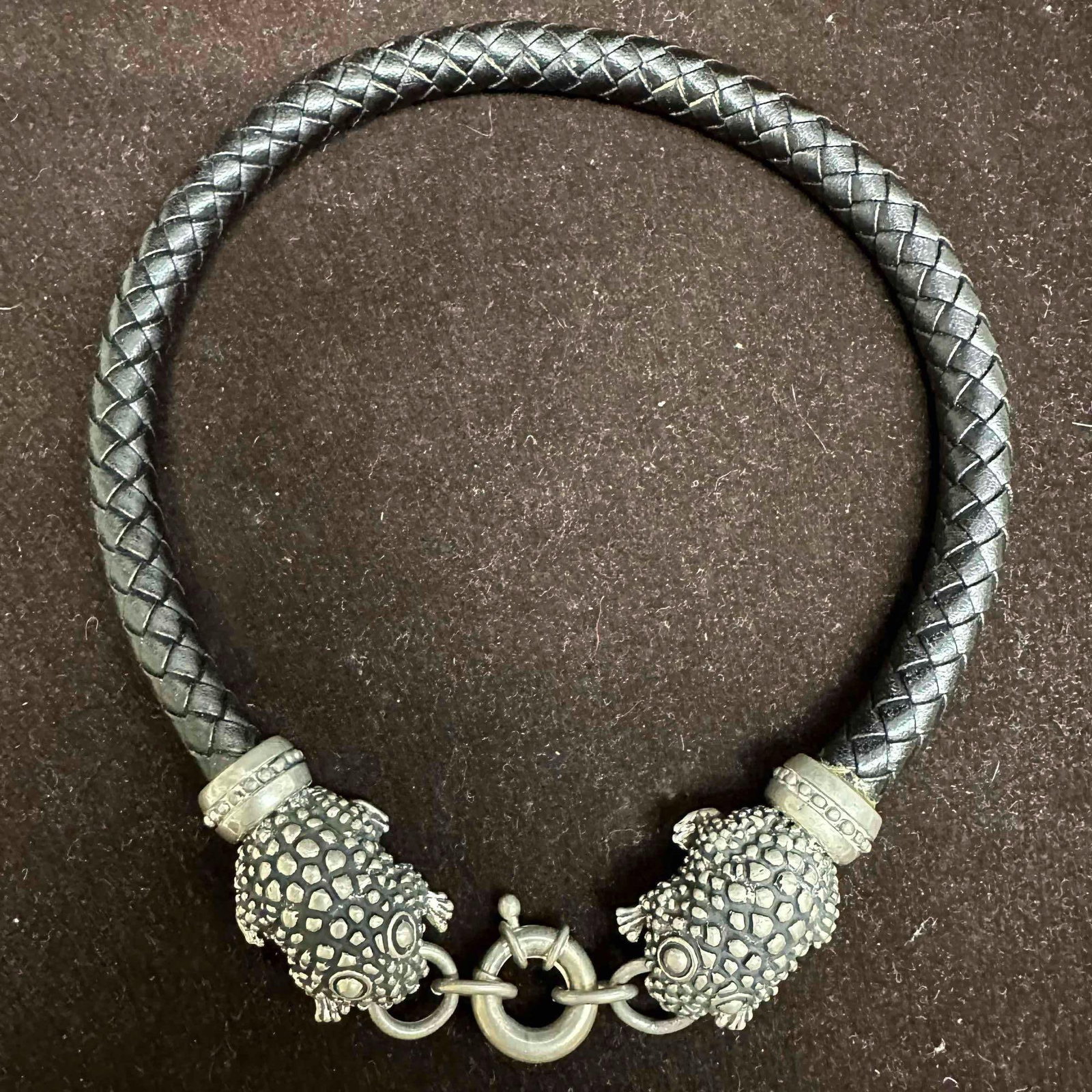 Vintage Cabot Black Braided Necklace Choker Silver Tone Frog Accents: Marked Cabot with original black box. This item is in good pre-owned, previously displayed condition with light wear, minor discoloring, and surface scratches. Please see all photos for full details.