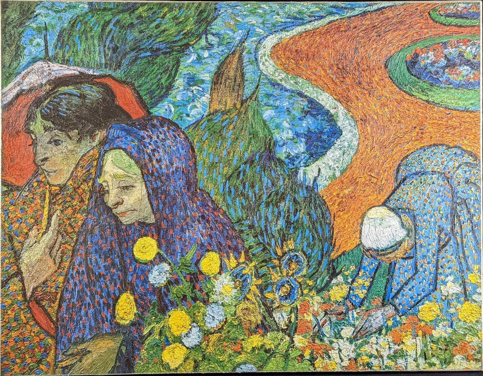 Embellished Vincent Van Gogh Ladies of Arles Reproduction: "Antagraph's" Oil Reproduction Of Vincent Van Gogh Print "Ladies of Arles" (Or Memory of the Garden at Etten) on canvas. This is an original reproduction of Van Gogh's famous painting, done by "A
