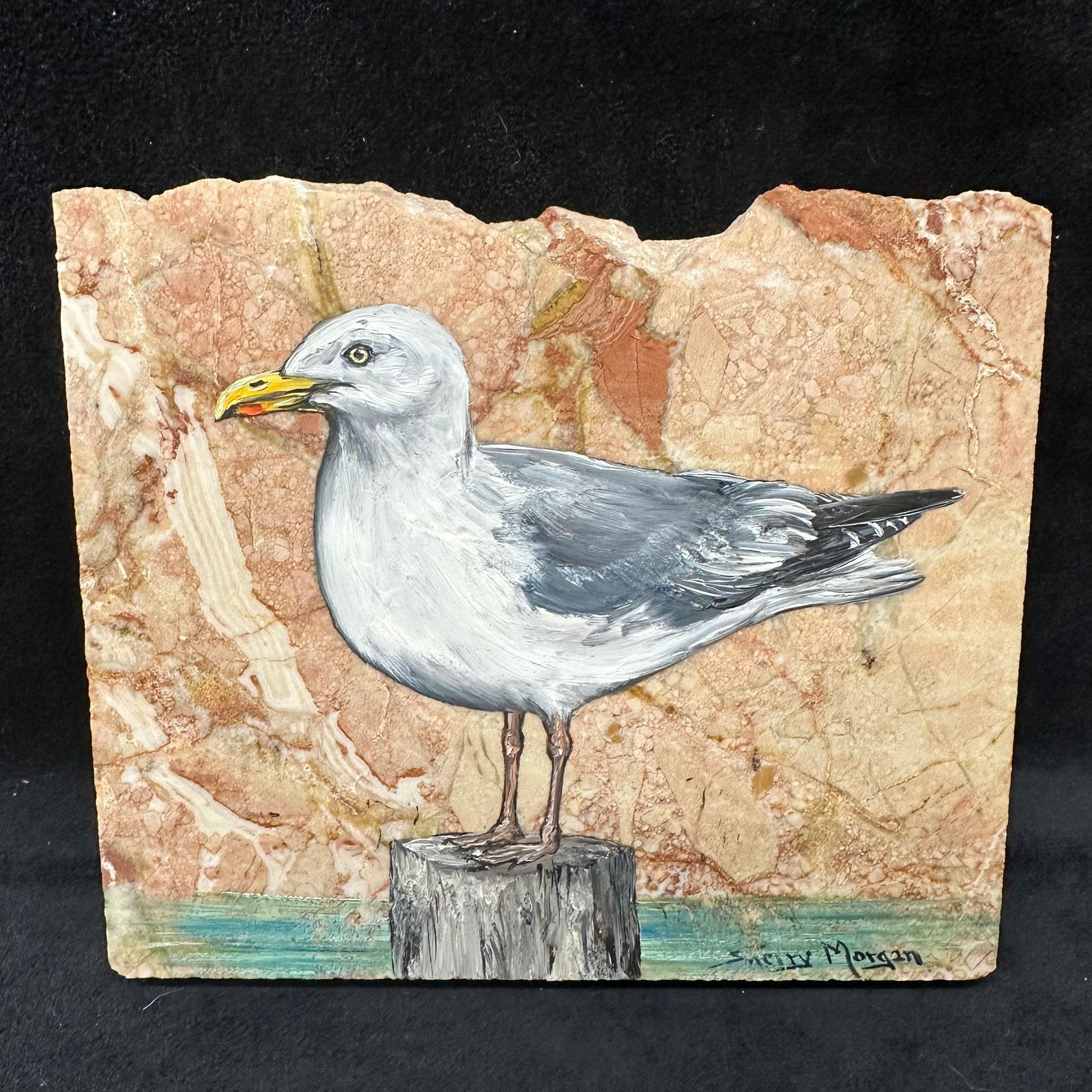 Unique Hand Painted Seagull Marble Granite Stone Base by Sherry Morgan: Some paint has rubbed off due to the display and storage of the item. The artist signed the bottom right corner. This item is in pre-owned, previously displayed condition with light wear and surface s