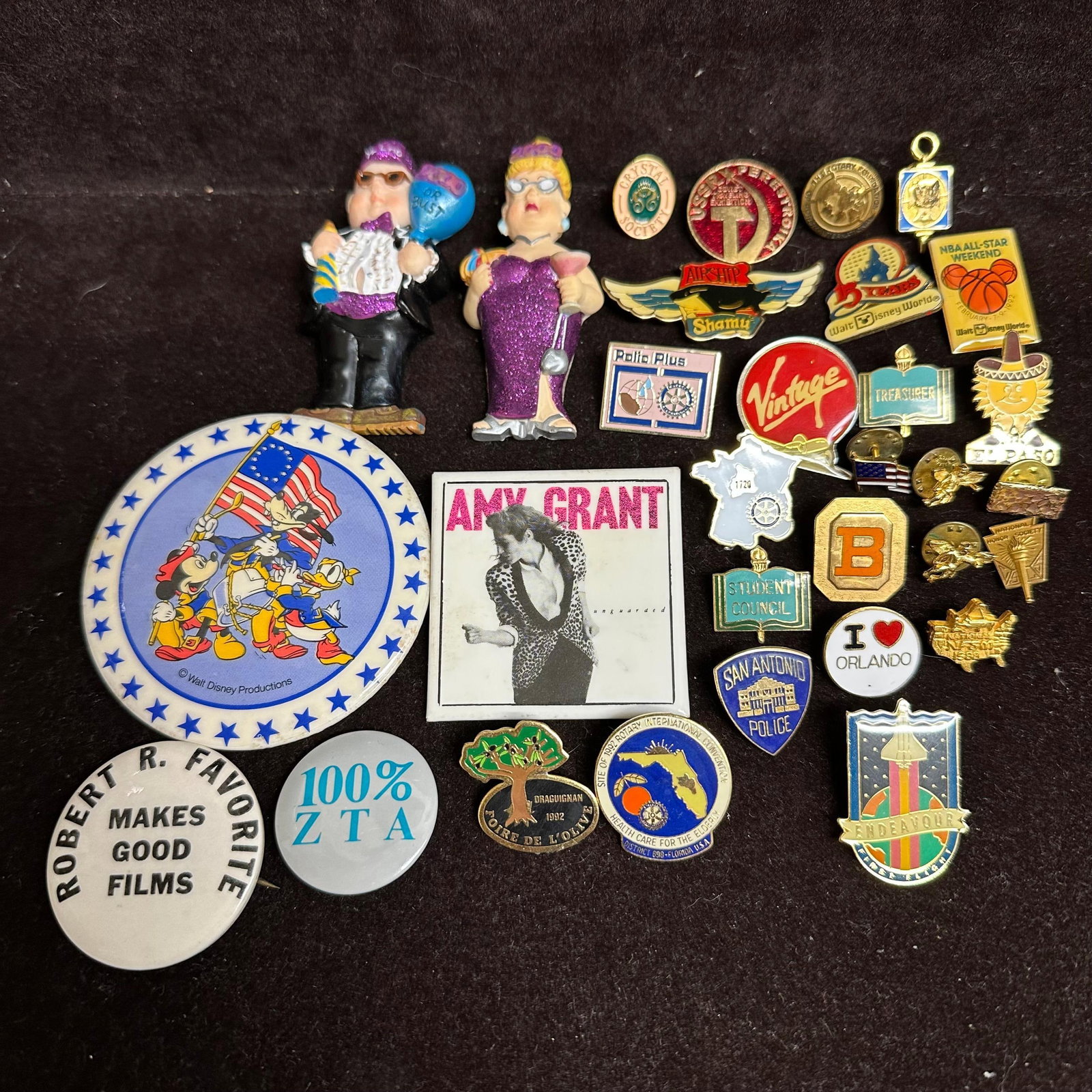Mixed Lot of Vintage Pins Badges Buttons Disney Music Travel: Assorted mixed lot of collectible pins, badges, buttons, and small figural brooches/pins. Includes enamel pins, metal pins, promotional buttons, souvenir pieces, novelty figures, and assorted themed i