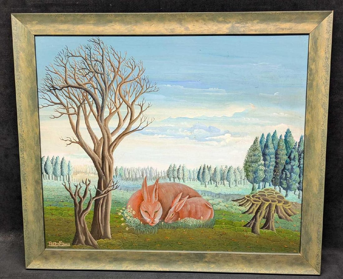Fritz St Jean Original Oil On Panel Sleeping Hares Haitian Art: Fritz St Jean Original Oil On Panel Sleeping Hares Haitian Art. The framed original is approx 27" x 1" x 22 7/8" and it weighs 3.80 lbs. The bottom left corner was signed by the artist. Th