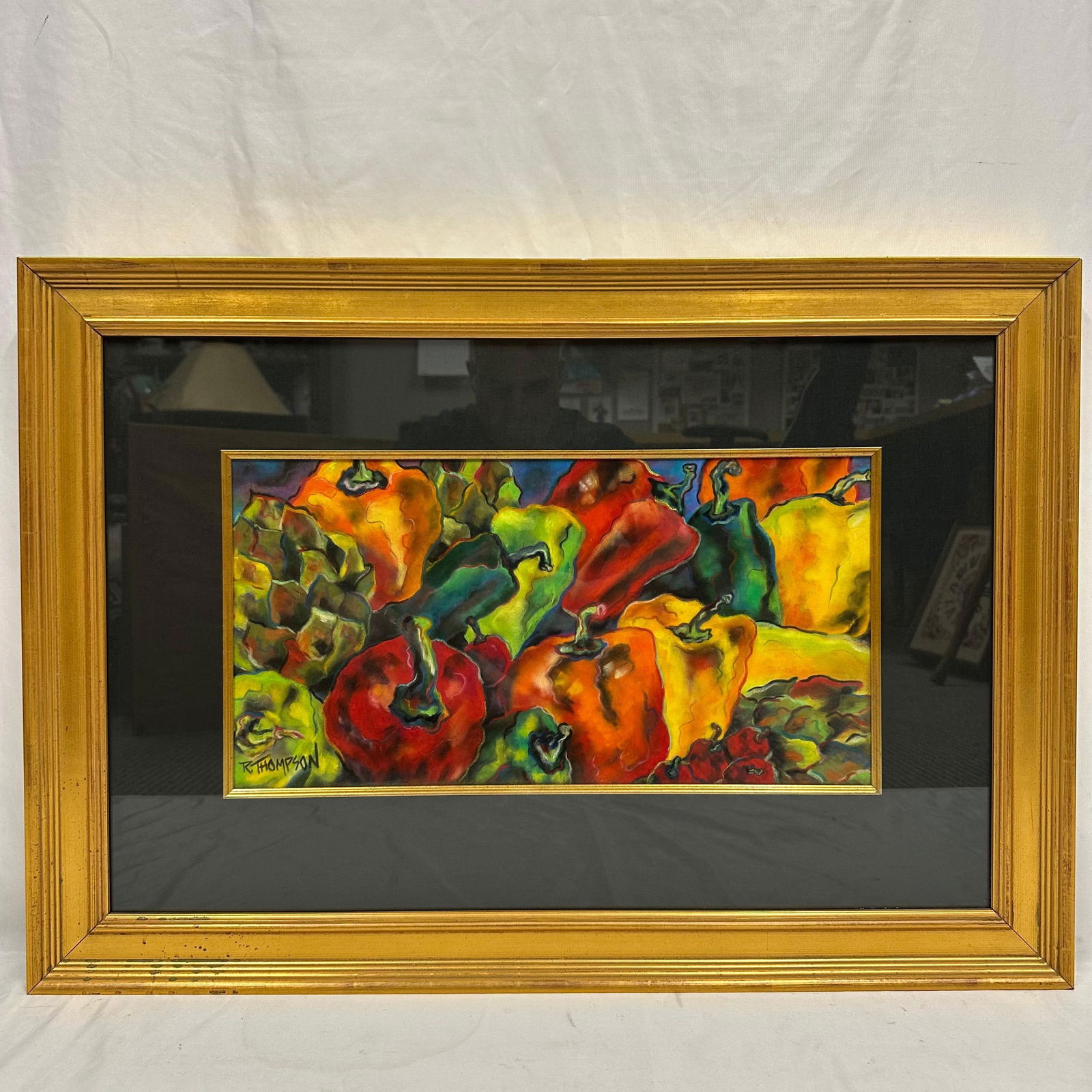Rachel Thompson Peppers Original Pastel on Suede Framed with COA 2004: Original pastel on suede artwork titled “Peppers” by Rachel Thompson, a listed Florida artist known for her vivid, expressive color work. This piece is signed lower left and comes with the ori