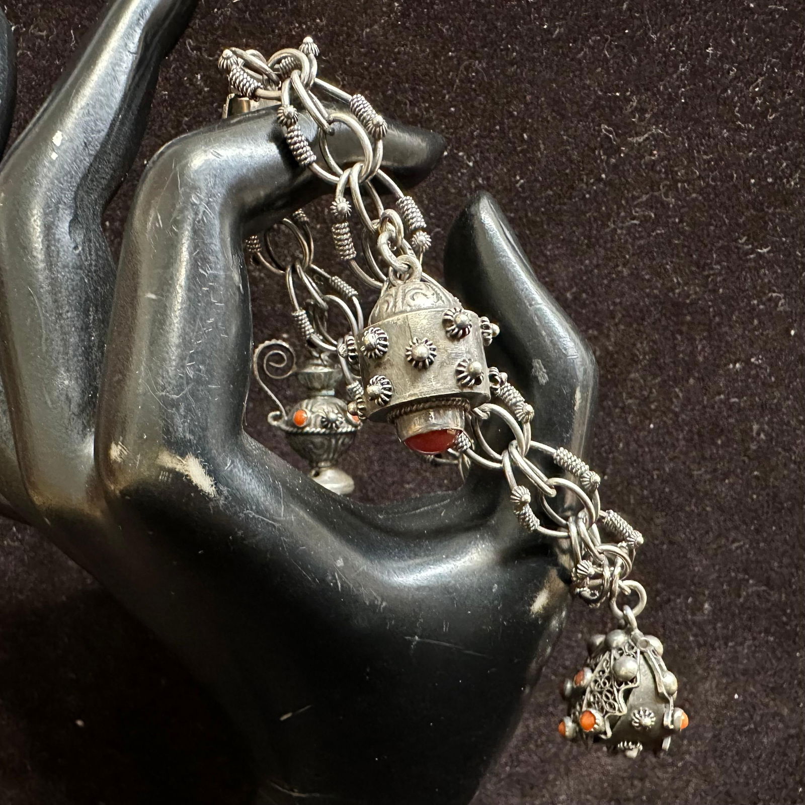 Green Onyx Locket Charm and Red Coral Accent Mariner Chain 800 Silver Bracelet: This item is in good pre-owned, previously used/displayed condition with noticeable light wear and surface scratches. Please reference all photos for full details. This piece of jewelry has been teste