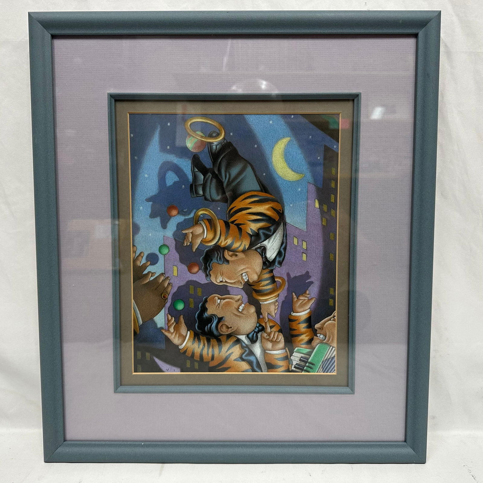 Original Jack E. Davis Mixed Media Pastel and Pencil Illustration Framed: Original mixed media illustration by Jack E. Davis, executed in pastels and pencil. Features his signature animated, whimsical figures in a vibrant nighttime city scene. Signed “Davis” at lowe