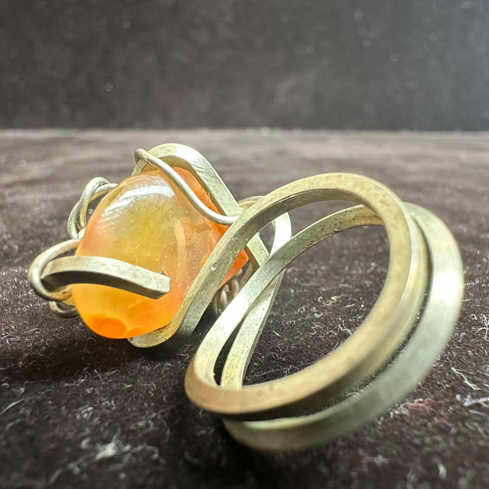 Silverwork Wired Crafted Orange Agate Stone Setting Silver Ring - 14