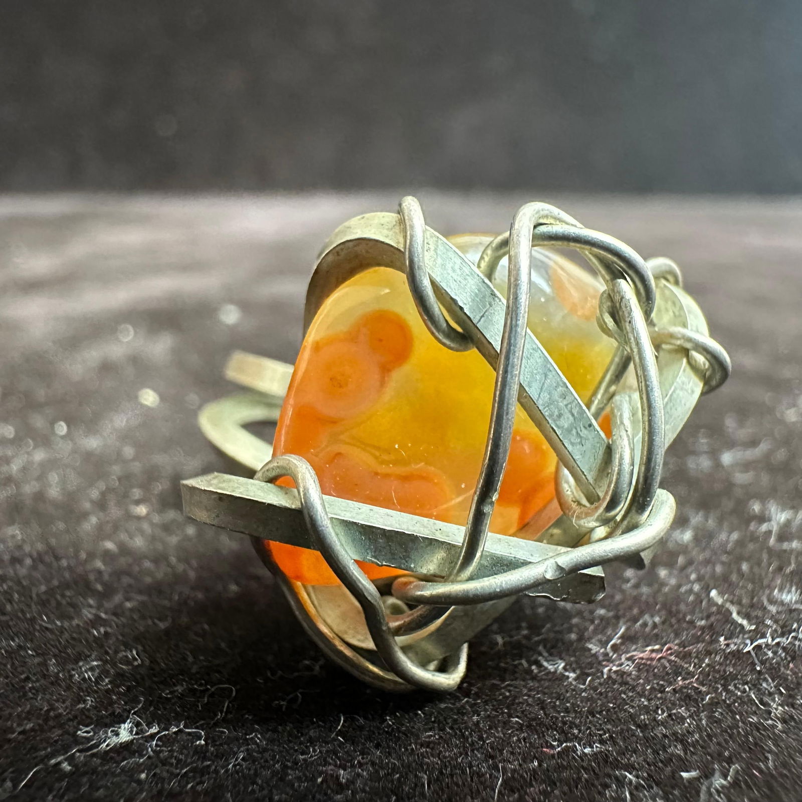 Silverwork Wired Crafted Orange Agate Stone Setting Silver Ring - 6