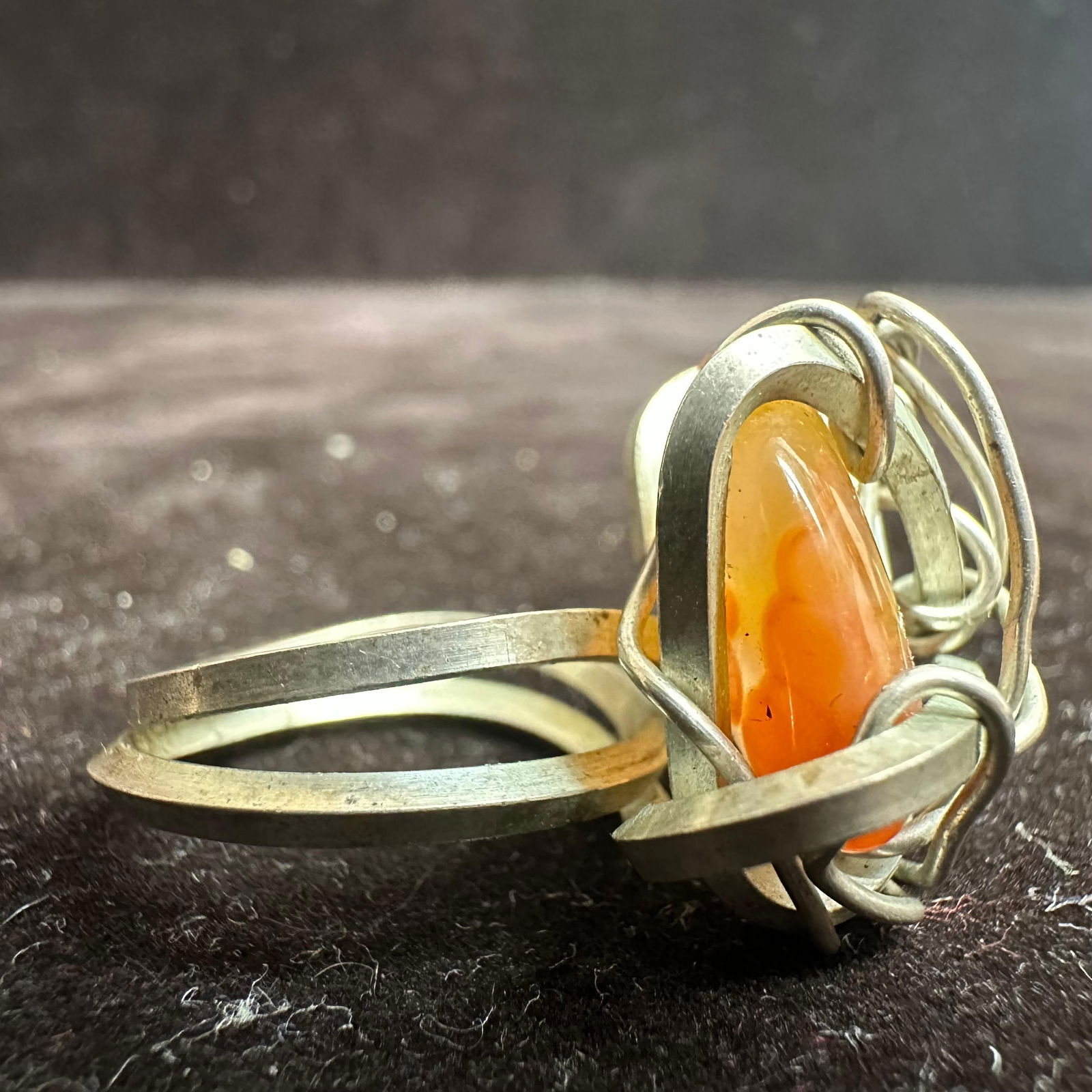 Silverwork Wired Crafted Orange Agate Stone Setting Silver Ring - 7