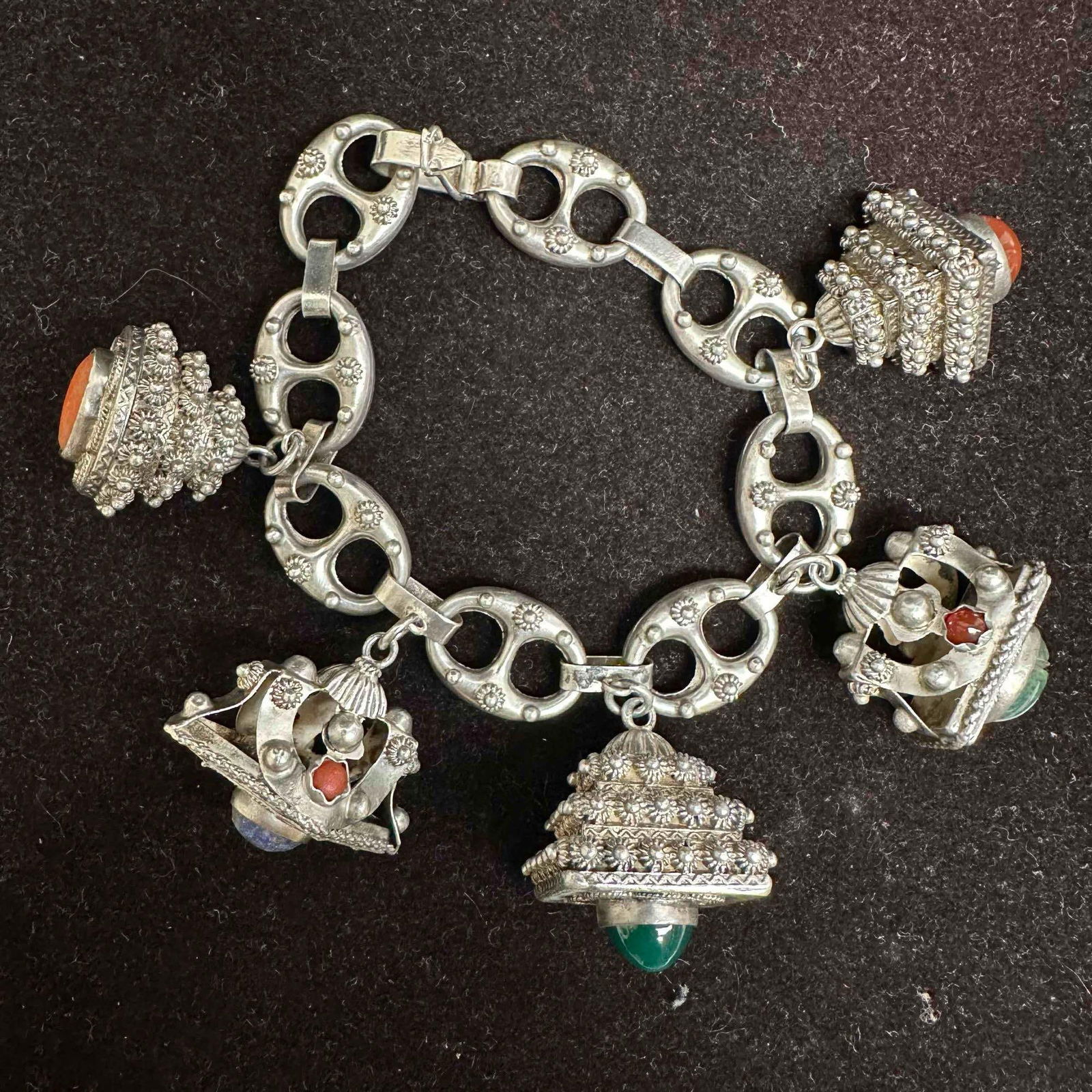 Etruscan Revival Style Sterling Silver Ornate Gemstone Charm Bracelet Bloodstone Scarab Beetle H58: This item is in good pre-owned, previously used/displayed condition with noticeable light wear, and surface scratches. Please reference all photos for full details. This piece of jewelry has been