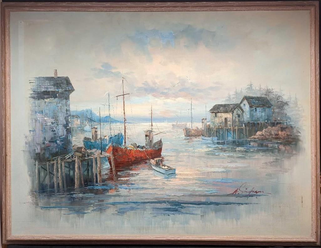 Framed Oil On Canvas Alan Simpson Dockside: Framed Oil On Canvas Alan Simpson Dockside. The original is signed by the artist near the bottom right of the canvas. The framed original is approx 49 7/8" x 1 1/2" x 39" and it weighs 7lbs. The canva