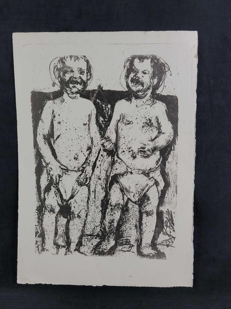 Unsigned Print of Two Men In Diapers: Large print unknown artist and date. The print is untitled. In good vintage condition, the edges are tattered. Approx. measures 12 1/2" x 17 3/4" and it weighs 0.08lb. 