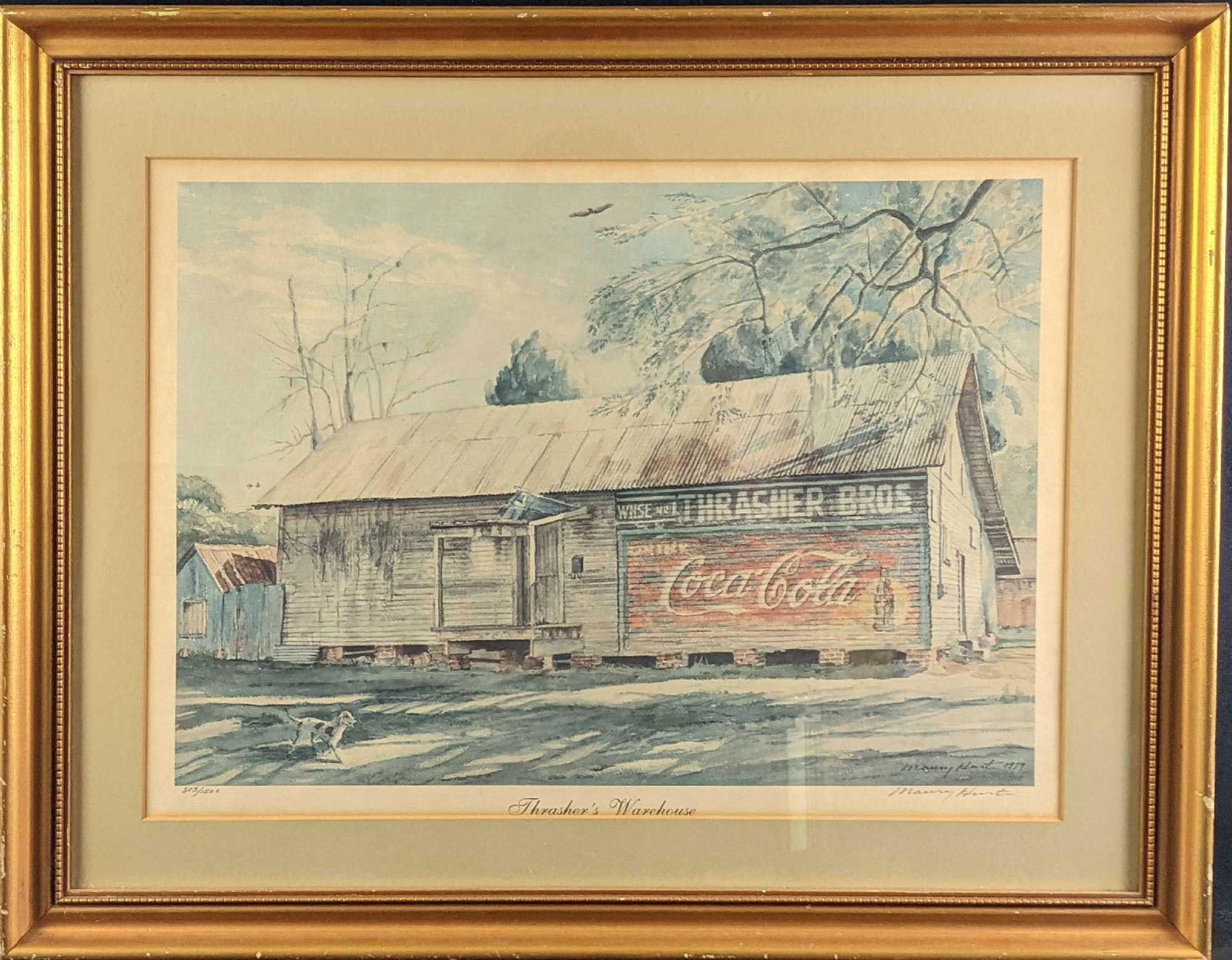 Vintage Framed LE Thrashers Warehouse Coca Cola Print: Vintage Framed Thrashers Warehouse Coca Cola Lithograph Print By Maury Hunter. Is #303 out of #1500. The framed print is approx 26" x 1" x 21" and it weighs 5.5lbs. The print is approx
