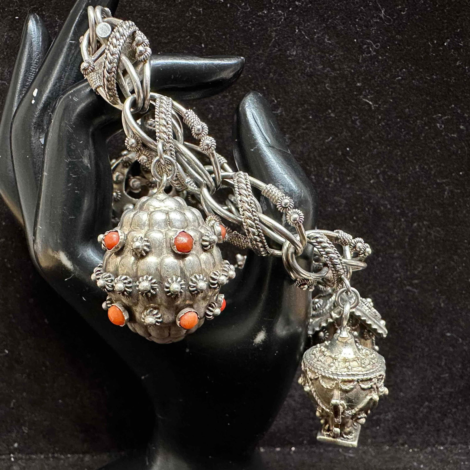 Silver 800 Etruscan Revival Style Five Charm Filigree Bracelet I5 Tea Pot Motif: This item is in good pre-owned, previously used/displayed condition with noticeable light wear, and surface scratches. Please reference all photos for full details. This piece of jewelry has been