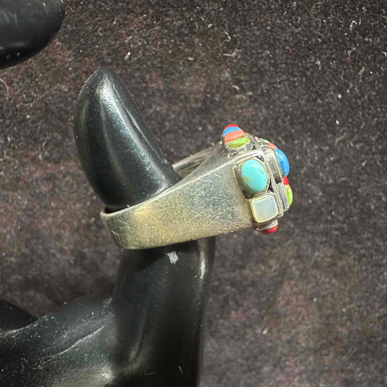 Multi Color Gemstone Cabochons Beaded Setting Sterling Ring Size 7 - 10