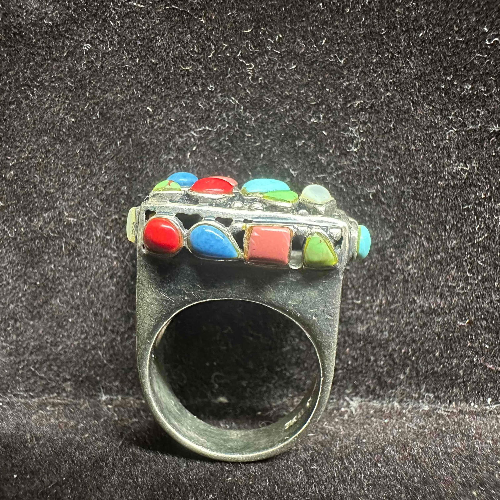 Multi Color Gemstone Cabochons Beaded Setting Sterling Ring Size 7 - 2