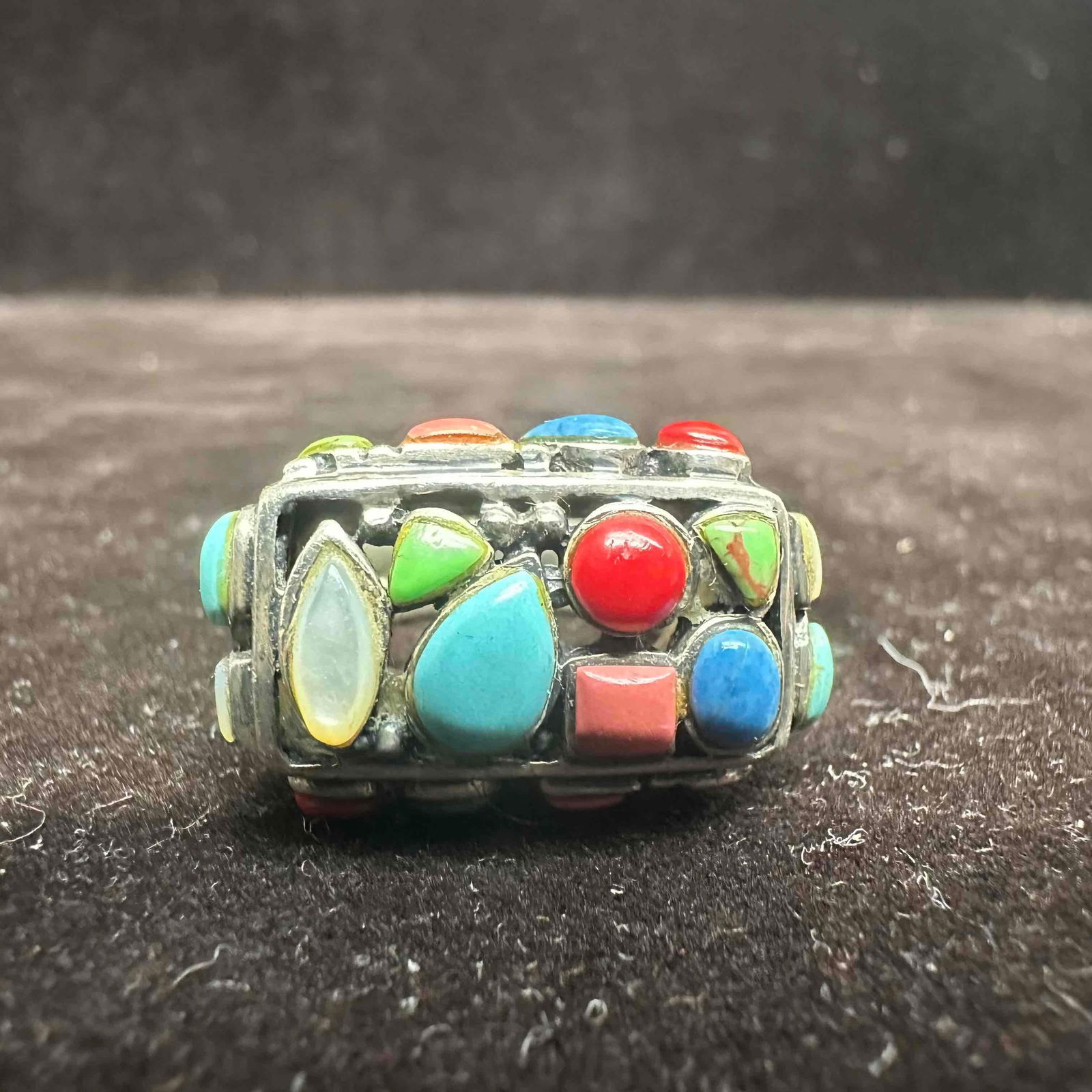 Multi Color Gemstone Cabochons Beaded Setting Sterling Ring Size 7 - 3