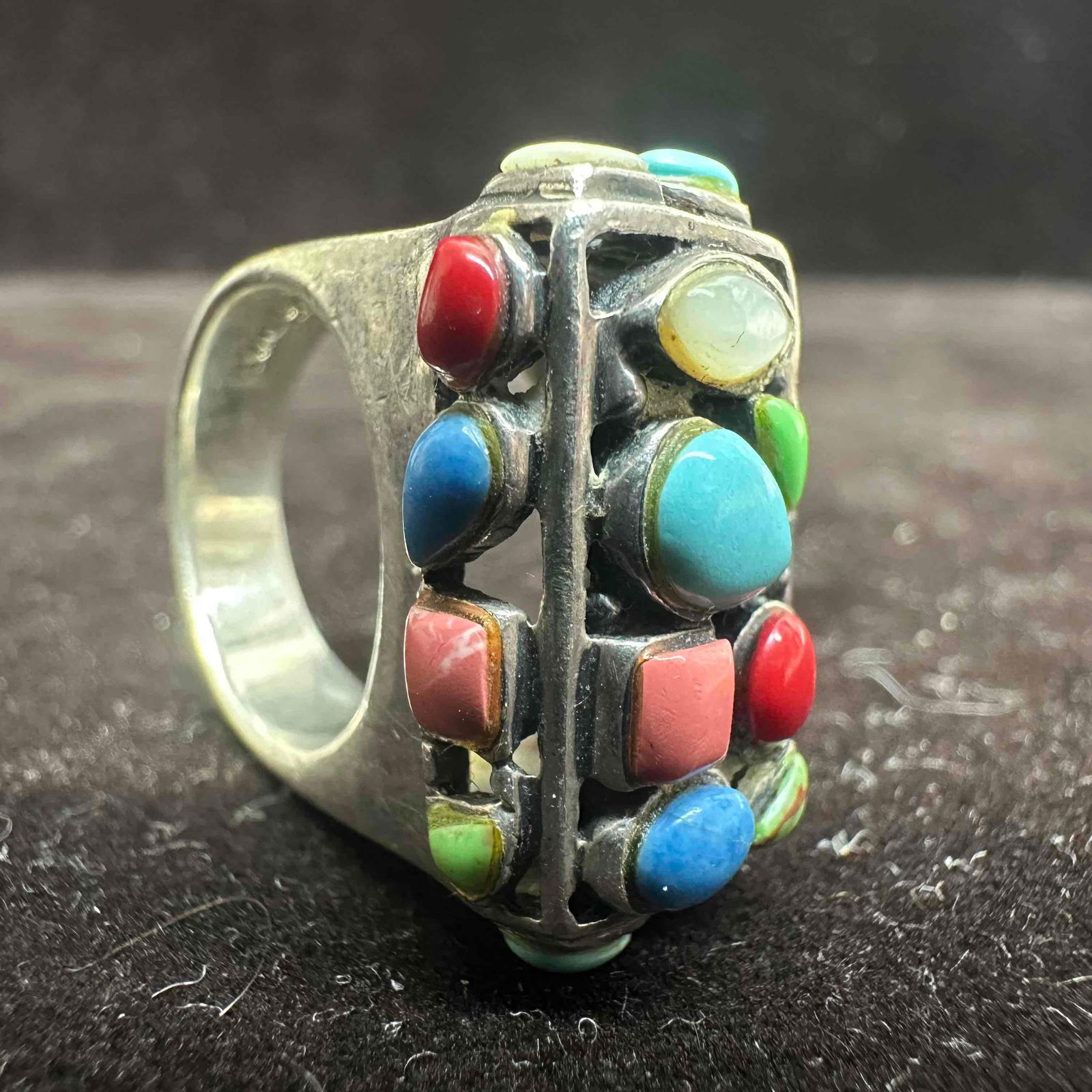Multi Color Gemstone Cabochons Beaded Setting Sterling Ring Size 7 - 4