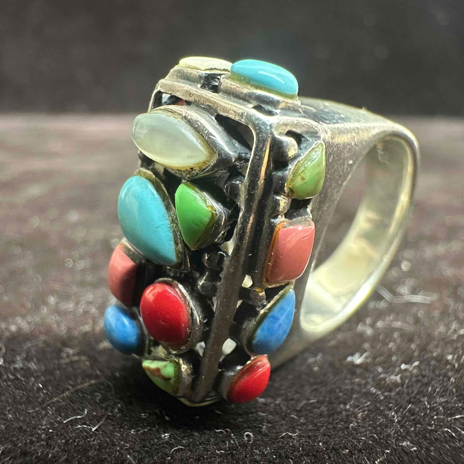 Multi Color Gemstone Cabochons Beaded Setting Sterling Ring Size 7 - 5