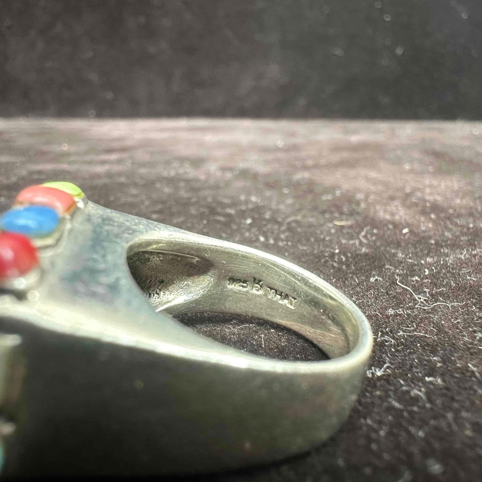 Multi Color Gemstone Cabochons Beaded Setting Sterling Ring Size 7 - 6