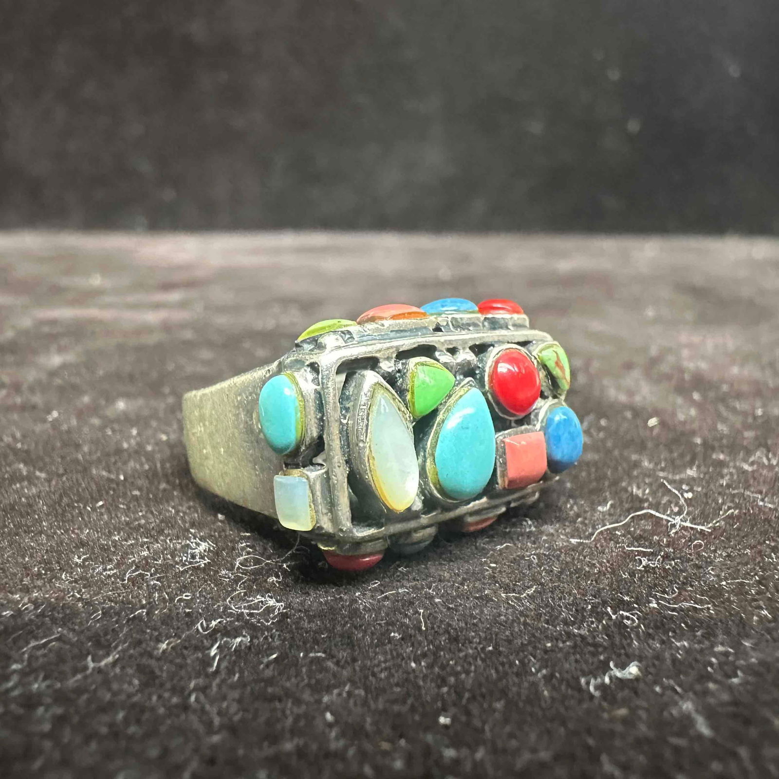 Multi Color Gemstone Cabochons Beaded Setting Sterling Ring Size 7 - 8