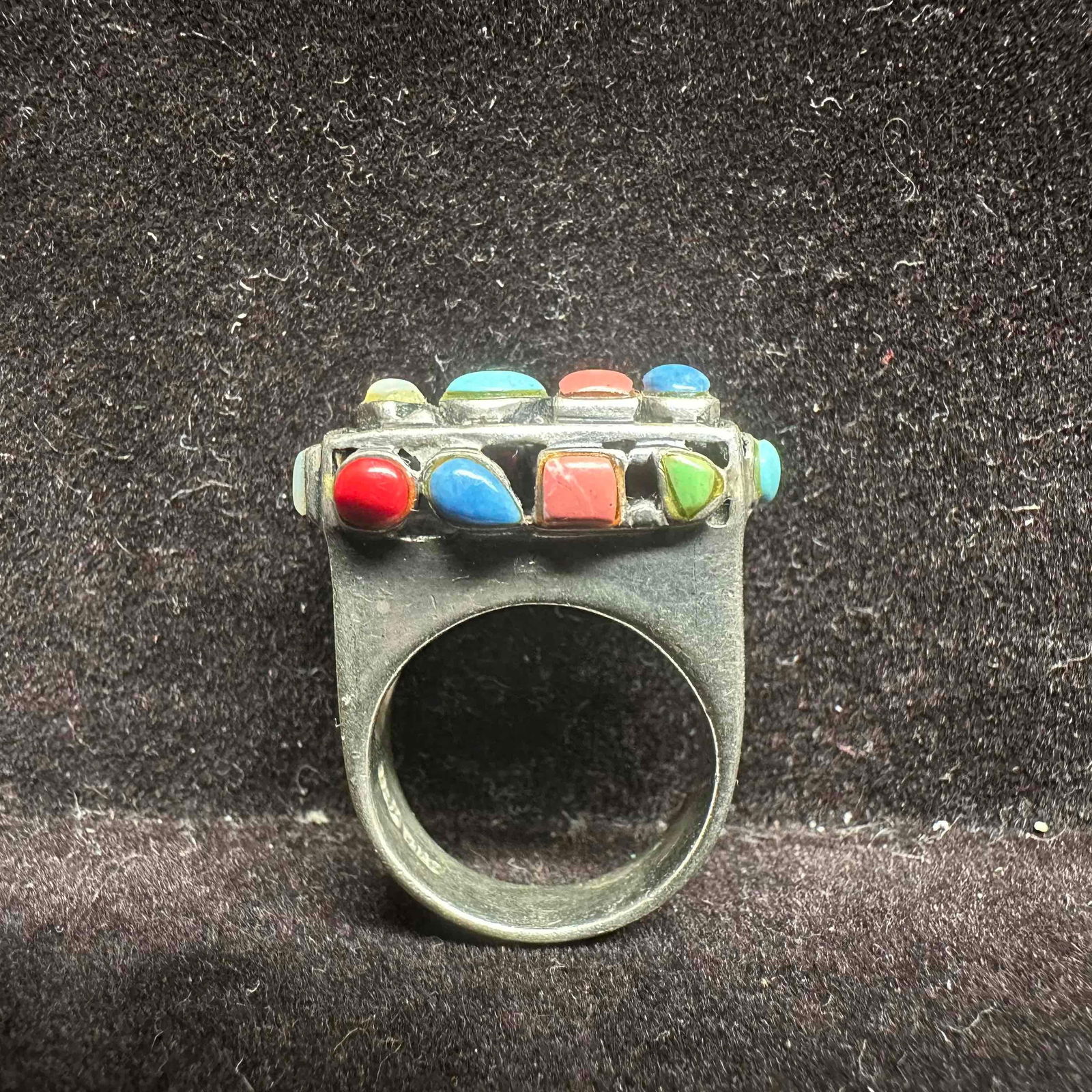 Multi Color Gemstone Cabochons Beaded Setting Sterling Ring Size 7 - 9