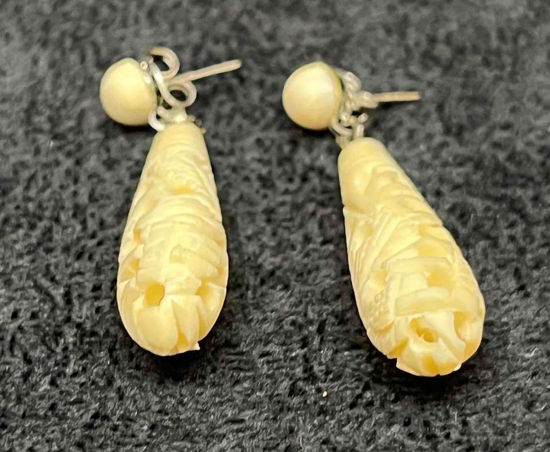 Hand Carved Bone Dangle Earrings - 3