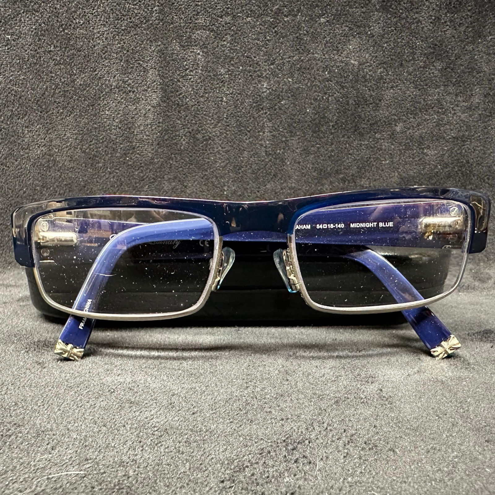 English Laundry Graham Midnight Blue 54 18 140 Rectangle Frame Eyeglasses: English Laundry Graham Midnight Blue 54 18 140 Rectangle Frame Eyeglasses. This item is in good pre-owned, previously displayed condition with light wear and surface markings. Please reference all pho